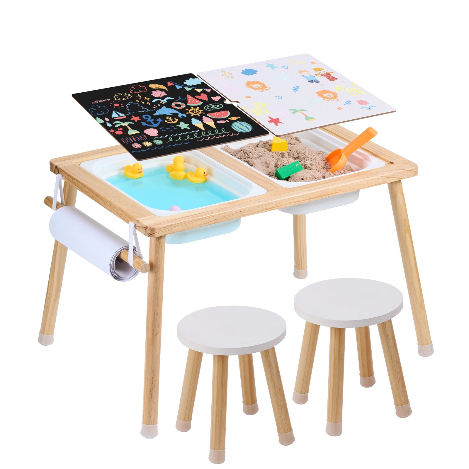 Sensory Table and Chairs Set, Toddlers Activity Table with 2 Stools, 2 Storage Bins & Paper Roll Holder, Indoor/Outdoor Play 