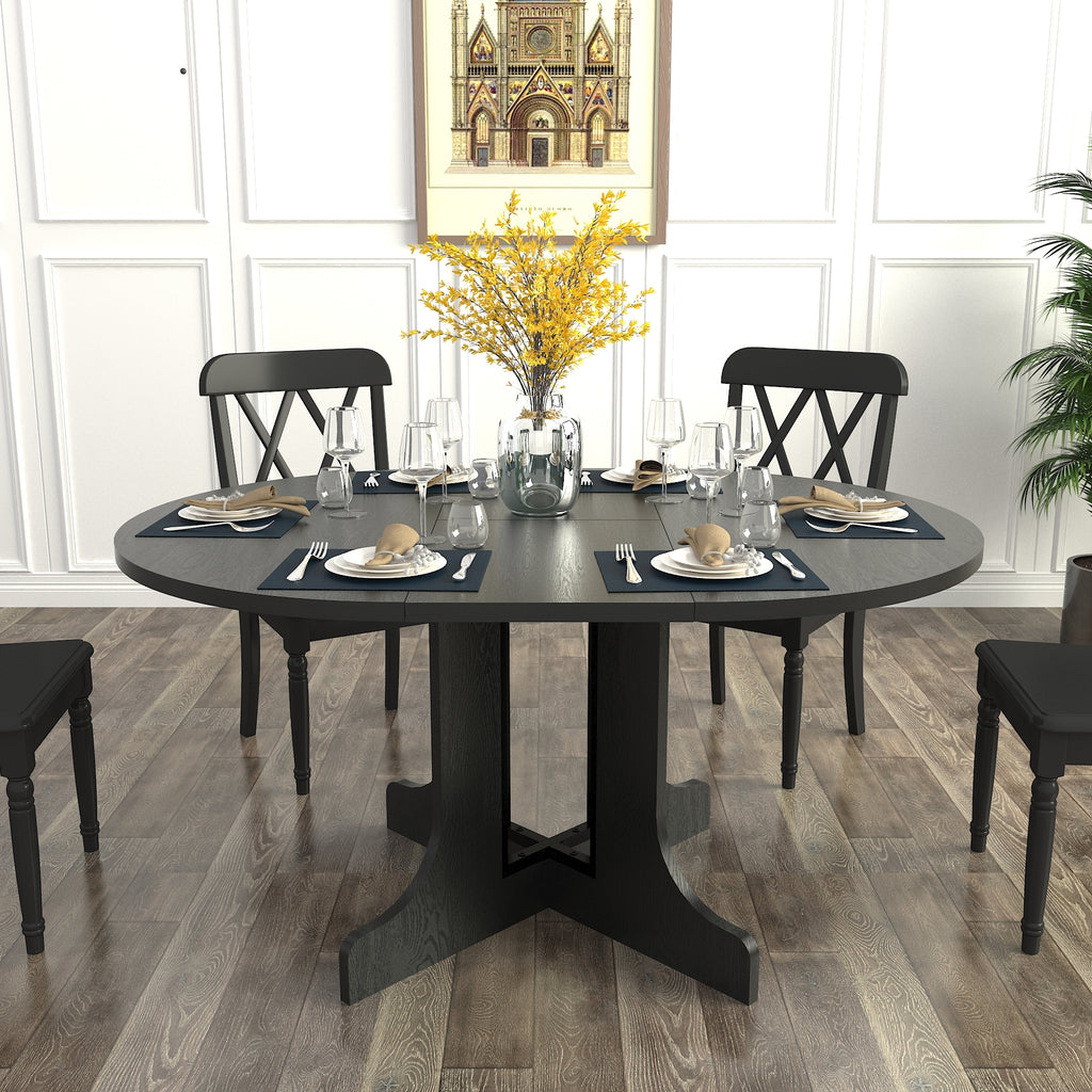 Farmhouse Kitchen Dining Table 59x43 Inch Expandable Oval Top with Removable Leaf Black MDF - Grand Goldman Shop