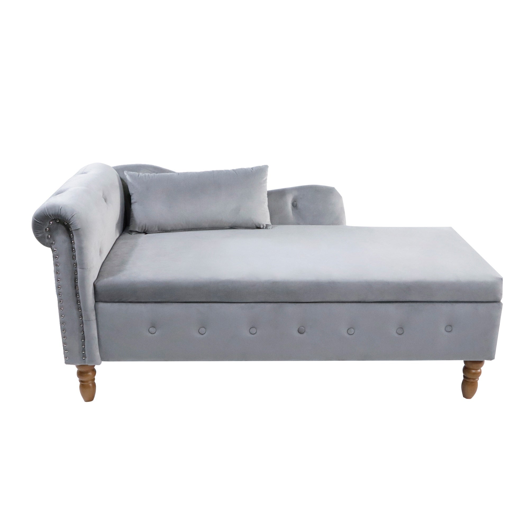 Grey Chaise Lounge Indoor, Velvet Lounge Chair for Bedroom with Storage & Pillow, Modern Upholstered Rolled Arm Chase Lounge for Sleeping with Nailhead Trim for Living Room Bedroom Office - Grand Goldman Shop