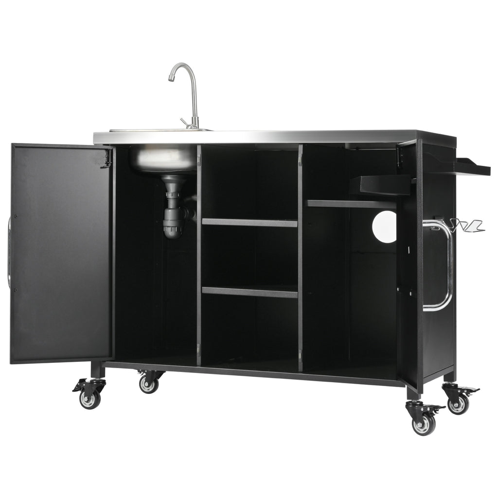 K&K 55.5' Outdoor Kitchen Island with Sink, Metal Grill Cart Table with 304 Stainless Steel Sink, Outdoor Bar Cart Sink Station with 4 Lockable Wheels for Pizza Prep & BBQ, L 55.5' x W 20' H 36.7' - Grand Goldman Shop