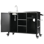 K&K 55.5' Outdoor Kitchen Island with Sink, Metal Grill Cart Table with 304 Stainless Steel Sink, Outdoor Bar Cart Sink Station with 4 Lockable Wheels for Pizza Prep & BBQ, L 55.5' x W 20' H 36.7' - Grand Goldman Shop