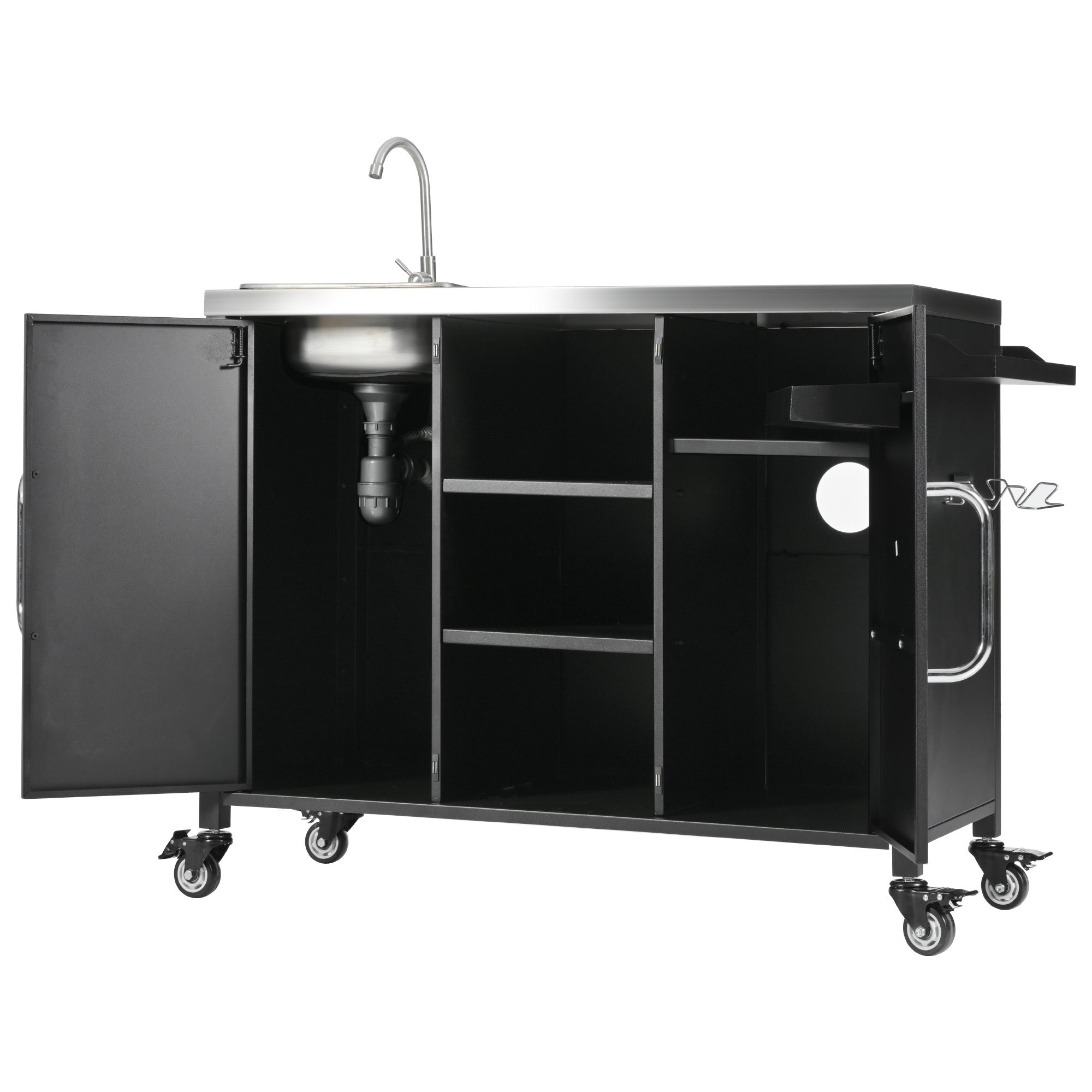 K&K 55.5' Outdoor Kitchen Island with Sink, Metal Grill Cart Table with 304 Stainless Steel Sink, Outdoor Bar Cart Sink Station with 4 Lockable Wheels for Pizza Prep & BBQ, L 55.5' x W 20' H 36.7' - Grand Goldman Shop