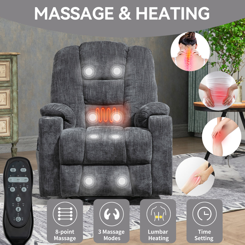 EMON'S Large Power Lift Recliner Chair with Massage and Heat for Elderly, Overstuffed Wide Recliners, Heavy Duty Motion Mechanism with USB and Type C Ports, 2 Steel Cup Holders, Gray - Grand Goldman Shop