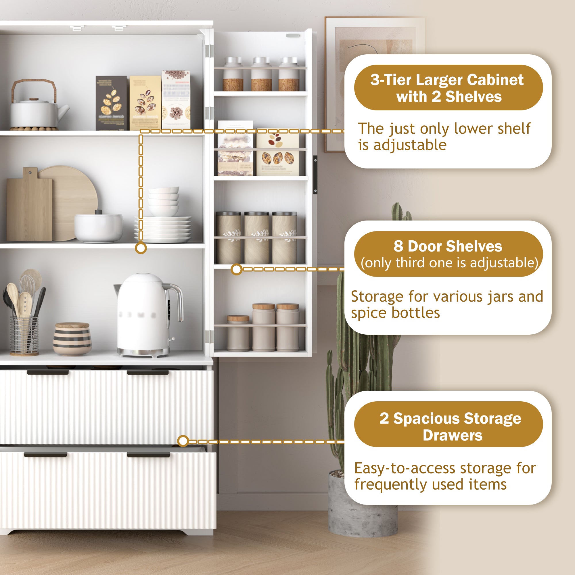 72' Modern Fluted Kitchen Pantry Cabinet with 2 Large Drawers & 8-Door Spice Rack, White MDF Freestanding Storage Organizer for Bathroom, Dining Room, Office, Entryway - Grand Goldman Shop