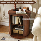Mid Century Modern Cylinder End Table with Built-in Charging Station & Sliding Door, 2-Tier Storage Round Nightstand with USB Ports, Walnut Bedside Table for Living Room, Bedroom, Entryway - Grand Goldman Shop