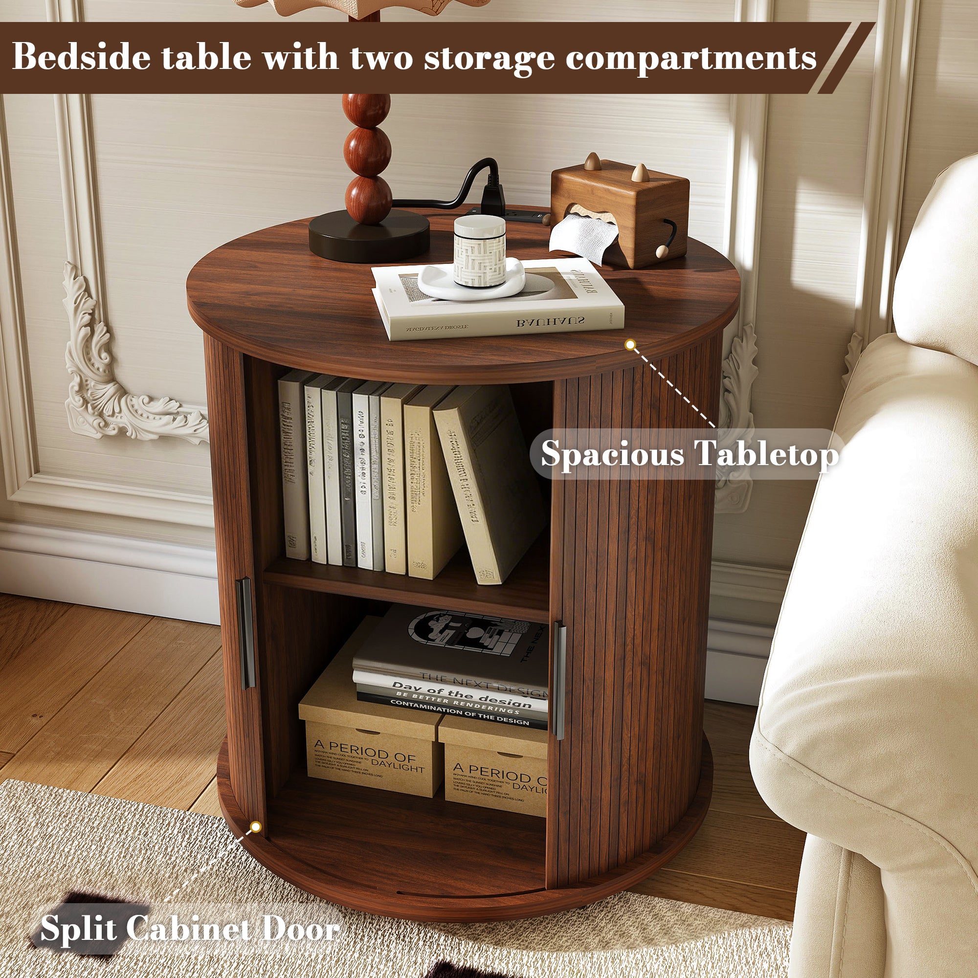 Mid Century Modern Cylinder End Table with Built-in Charging Station & Sliding Door, 2-Tier Storage Round Nightstand with USB Ports, Walnut Bedside Table for Living Room, Bedroom, Entryway - Grand Goldman Shop