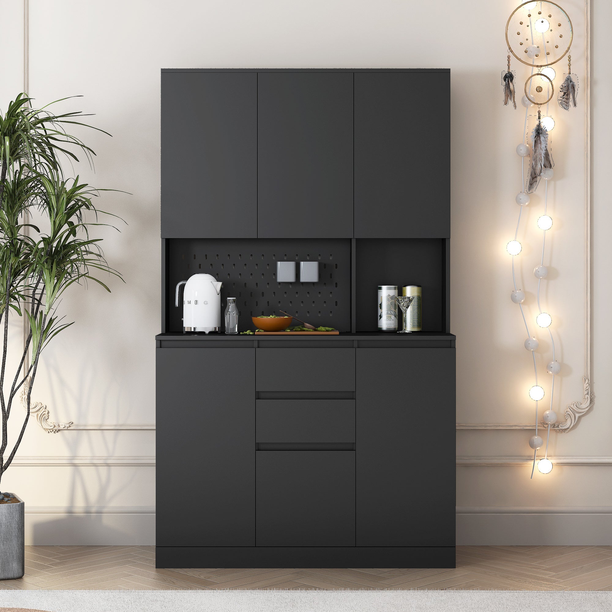 74' Freestanding Kitchen Pantry Cabinet Cupboard with 6 Doors,3 Shelves and 2 Drawer,Versatile Wardrobe & Kitchen Cabinet,Craft Storage Cabinet,Laundry Room Storage for  Kitchen (Black) - Grand Goldman Shop