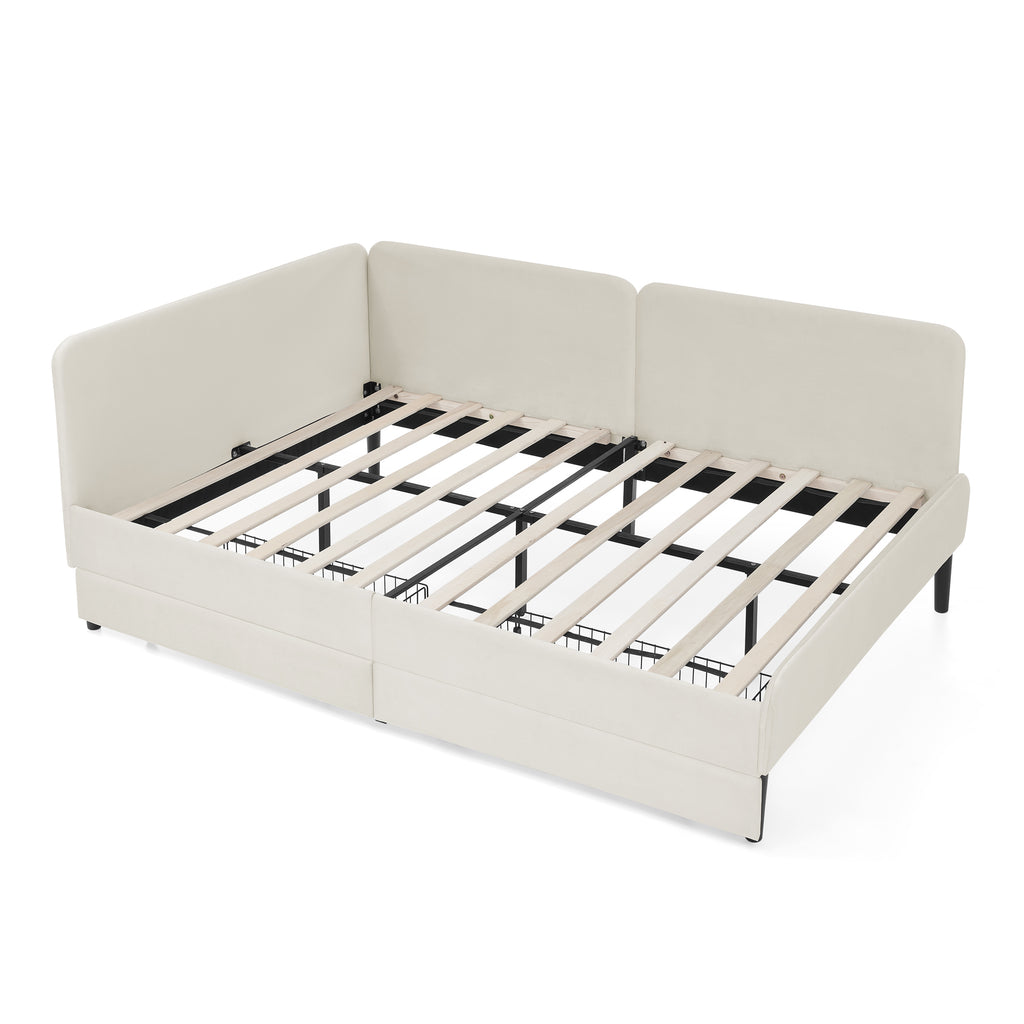 Beige Velvet Upholstered Platform Bed Frame with 2 Storage Drawers and Adjustable Sofa Bed, Full Size - Grand Goldman Shop