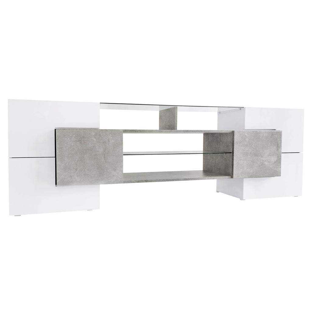ON-TREND Unique Shape TV Stand with 2 Illuminated Glass Shelves, High Gloss Entertainment Center for TVs Up to 88', Versatile TV Cabinet with LED Color Changing Lights for Living Room, Grey - Grand Goldman Shop