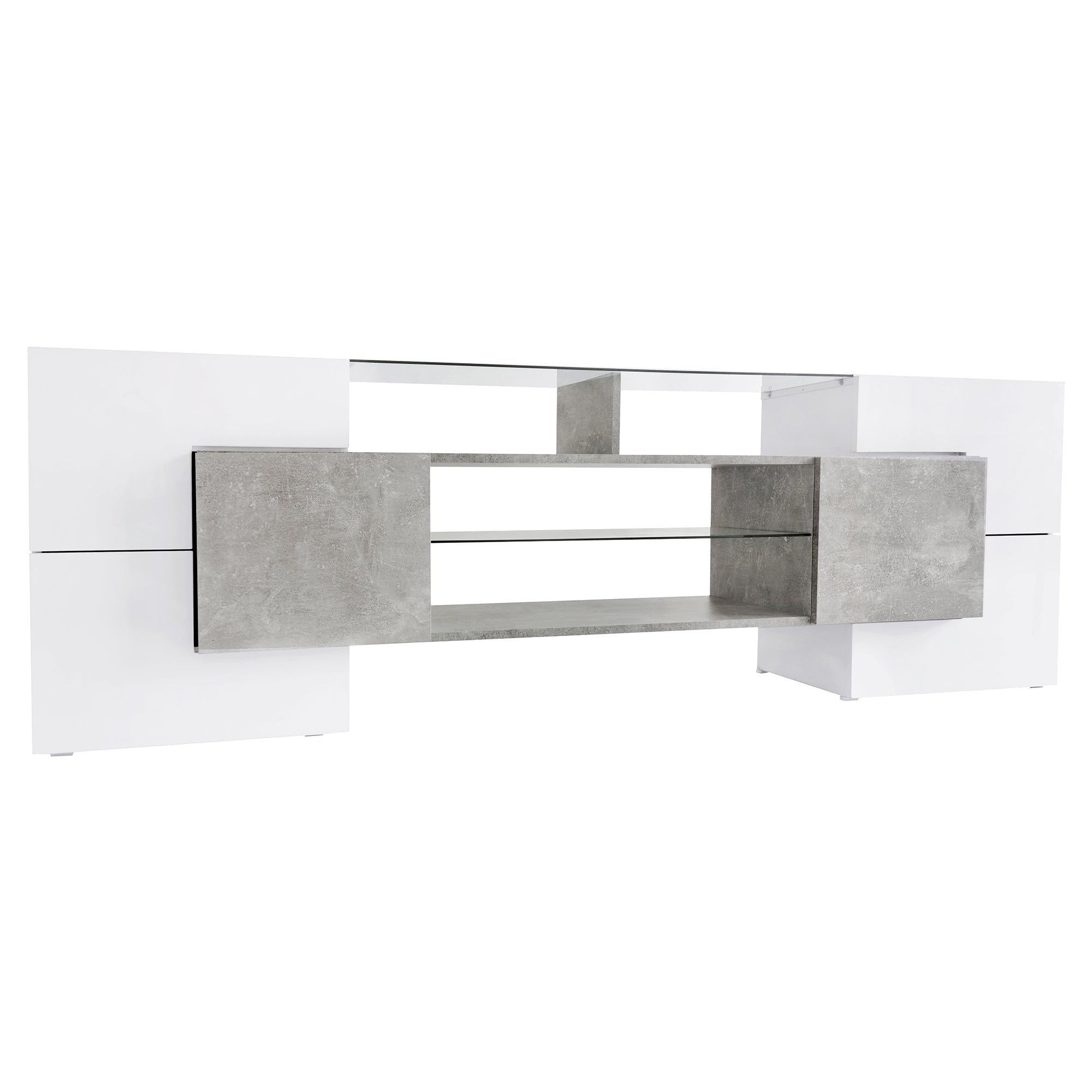 ON-TREND Unique Shape TV Stand with 2 Illuminated Glass Shelves, High Gloss Entertainment Center for TVs Up to 88', Versatile TV Cabinet with LED Color Changing Lights for Living Room, Grey - Grand Goldman Shop