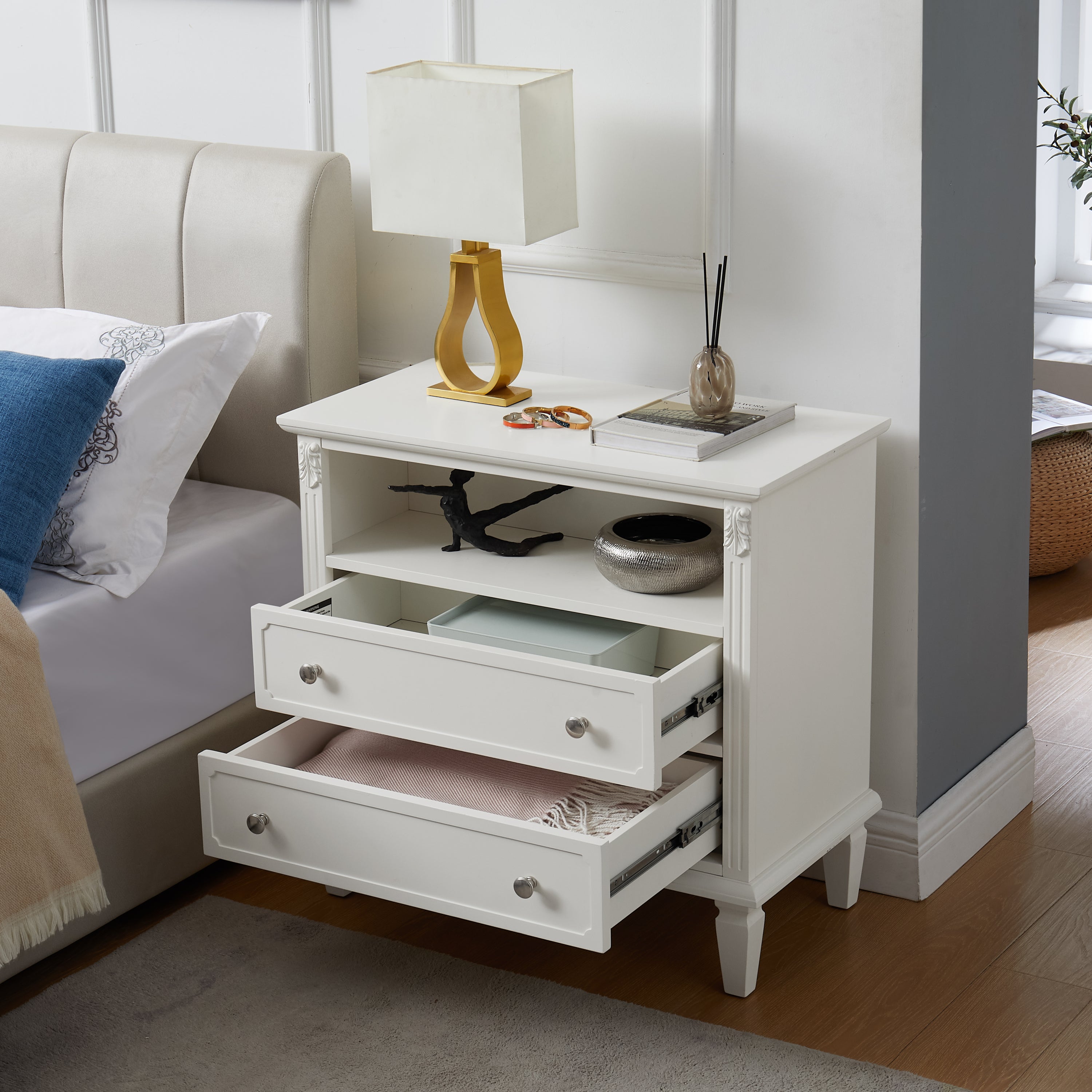 Open Space and 2 Drawers Dresser Nightstand with Charging Station, Farmhouse End Table with USB Ports and Outlets, Fluted Pilasters Design Side Table with Solid Wood Legs for Bedroom - Grand Goldman Shop