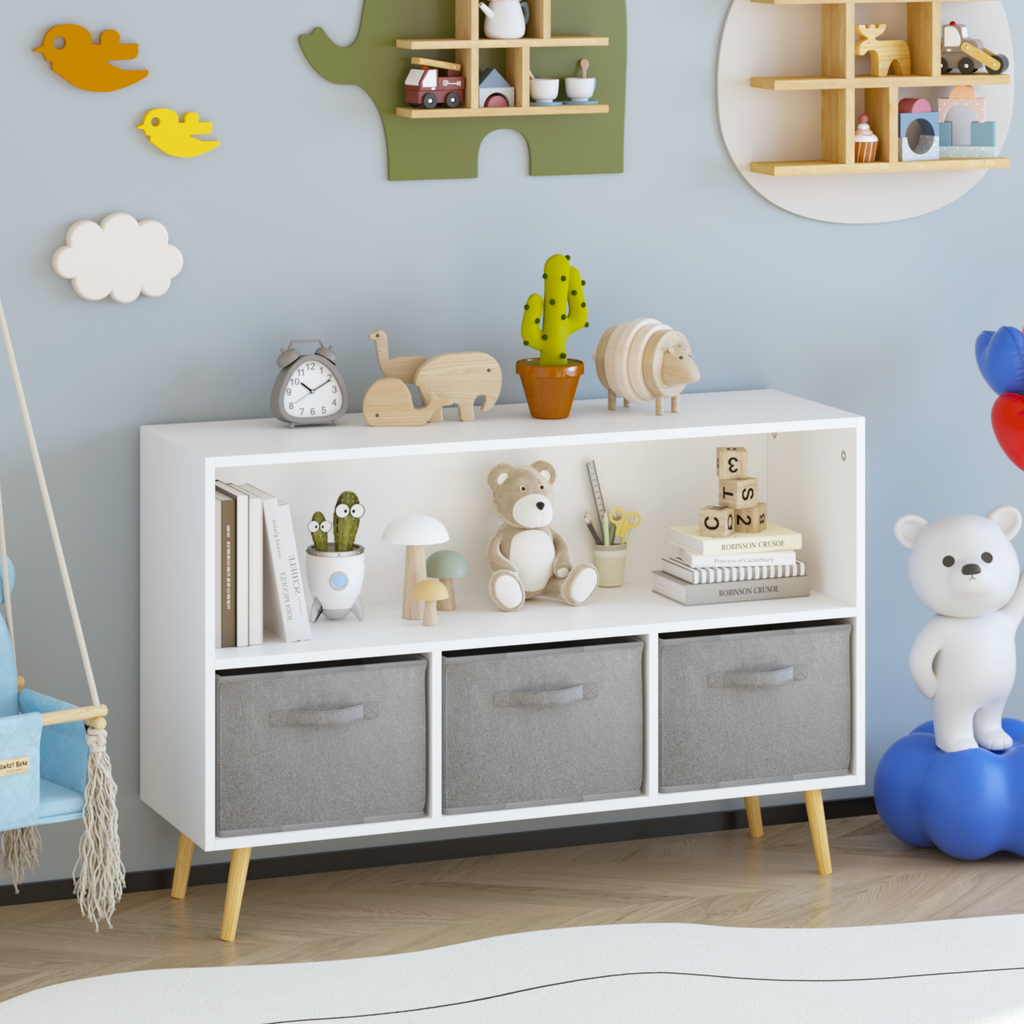 Kids Bookcase with Collapsible Fabric Drawers, Children's Book Display, Toy Storage Cabinet Organizer, White/Gray, MDF+Pine |