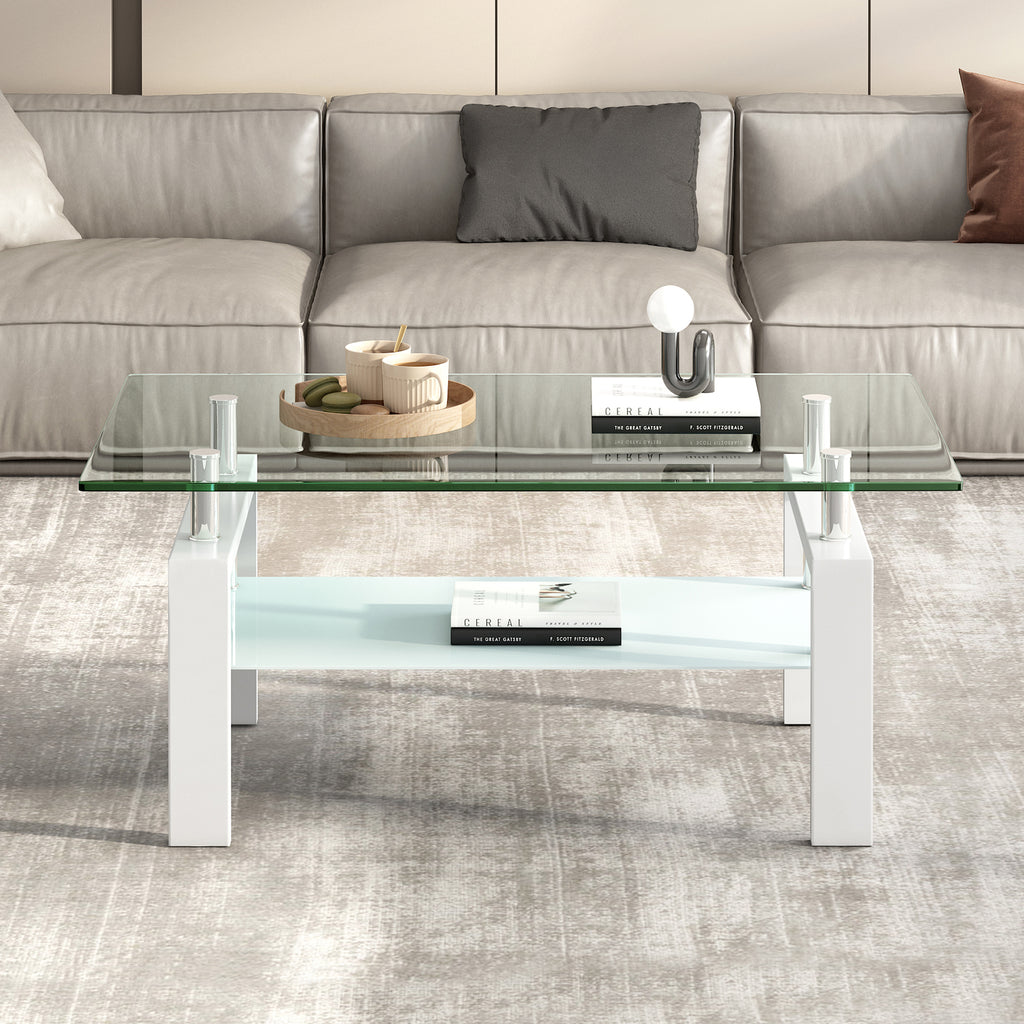 Luxury Modern Tempered Clear Glass Coffee Table with 2-Layers and Solid MDF Frame for Living Room - Grand Goldman Shop