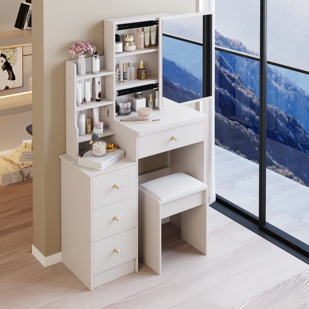 29.2' Small Space Left Bedside Cabinet Vanity Table + Cushioned Stool, Extra Large Right sliding mirror, Multi Layer High Capacity Storage, Practical Fashionable Dresser, EPA, GCC, UL Certificate - Grand Goldman Shop