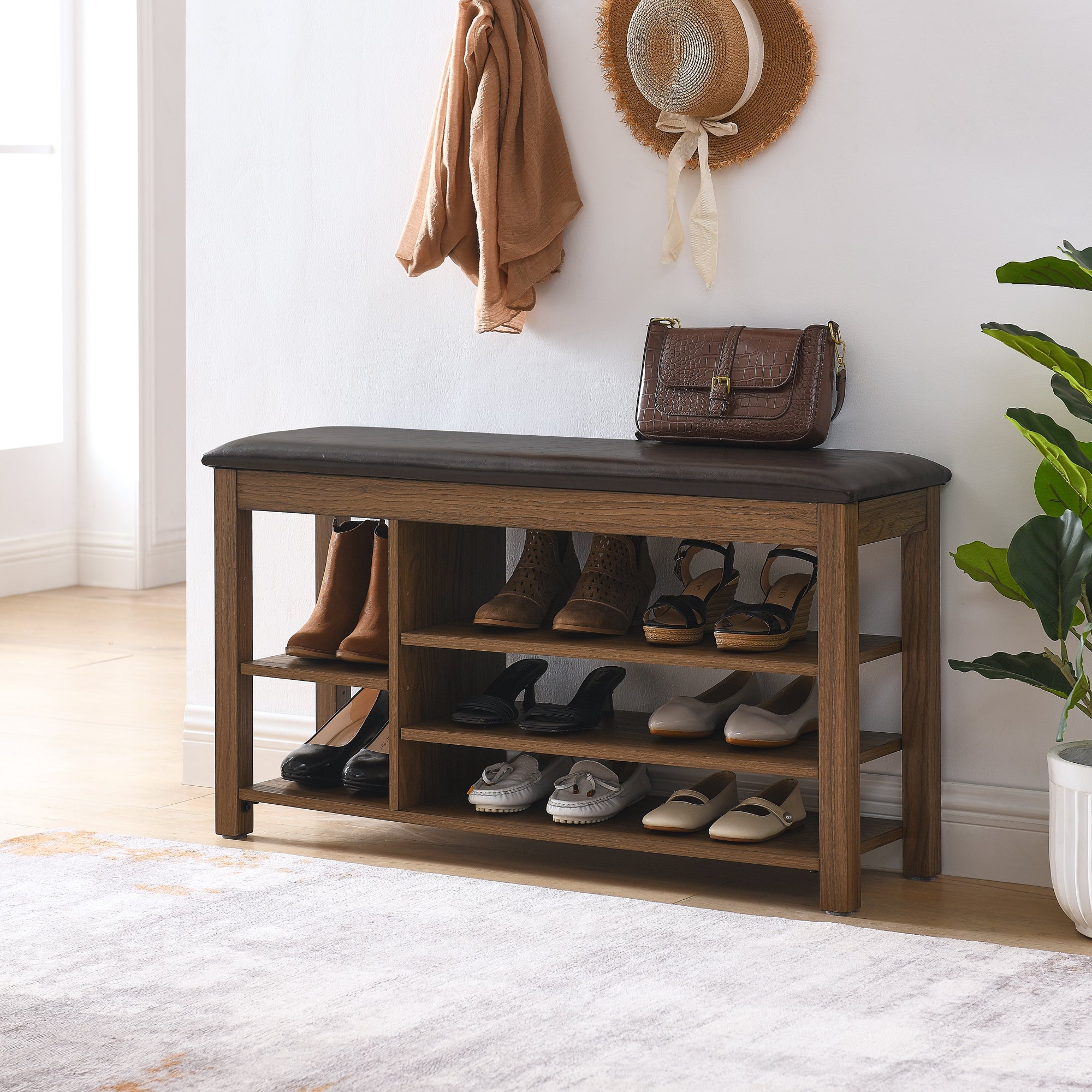 A height-adjustable long shoe-changing bench,made of natural rubberwood,comes with a comfortable seat,concealed storage space and large storage compartments. features natural wood grain.Brown - Grand Goldman Shop