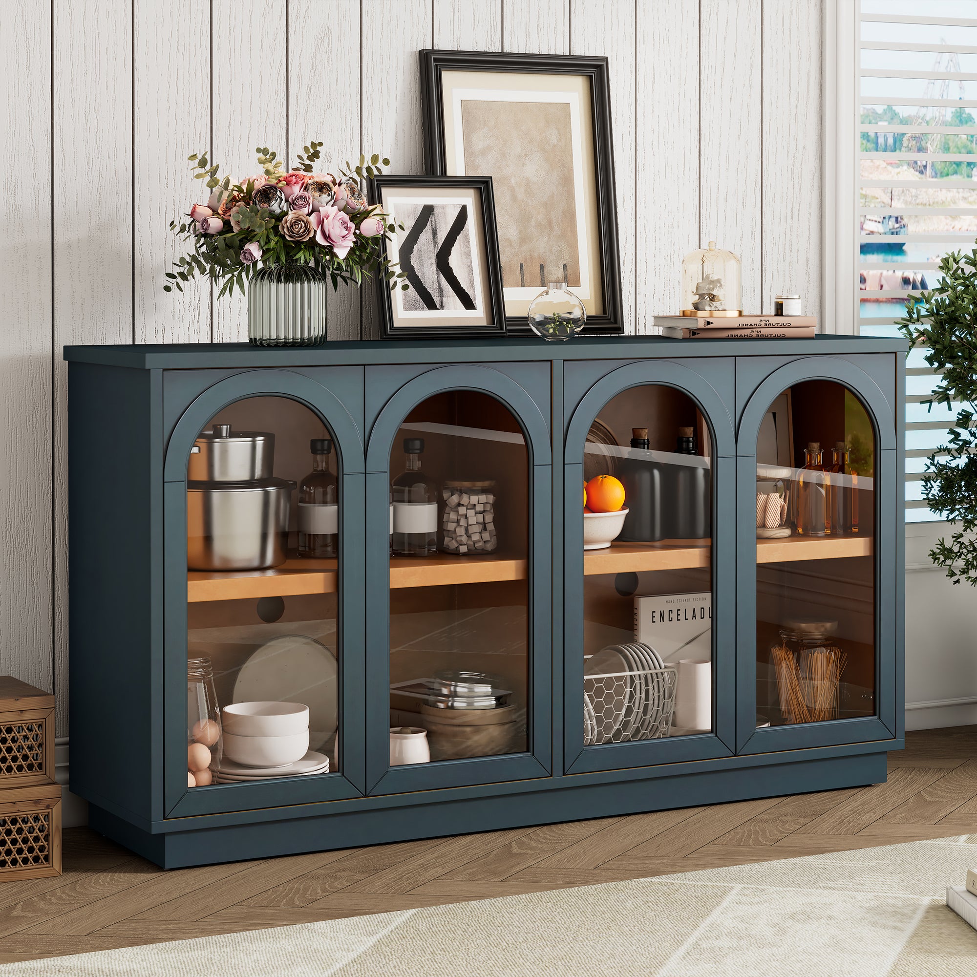 TREXM 4-Door Large Storage Buffet Cabinet with Glass Doors, Arched Cabinet with Adjustable Shelves for Kitchen, Dining Room and Living Room (Navy) - Grand Goldman Shop