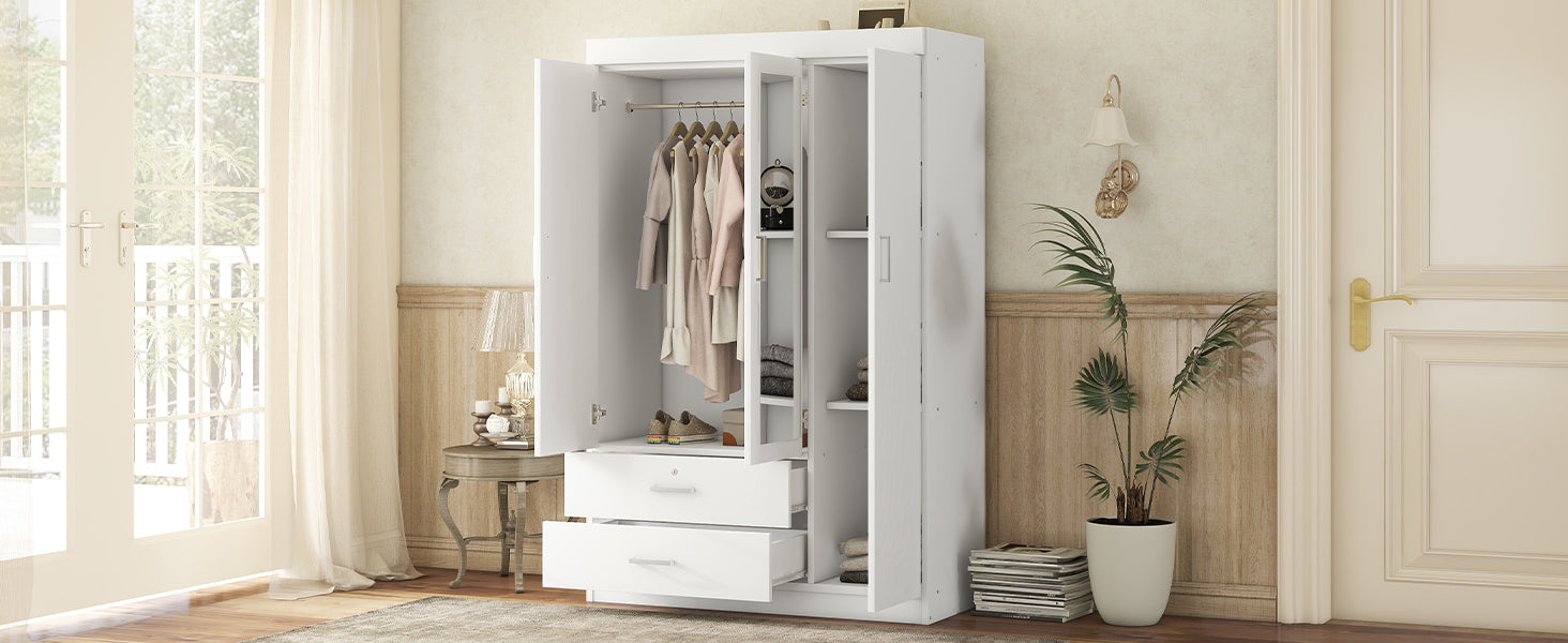 3-Door Mirror Wardrobe with shelves, White - Grand Goldman Shop