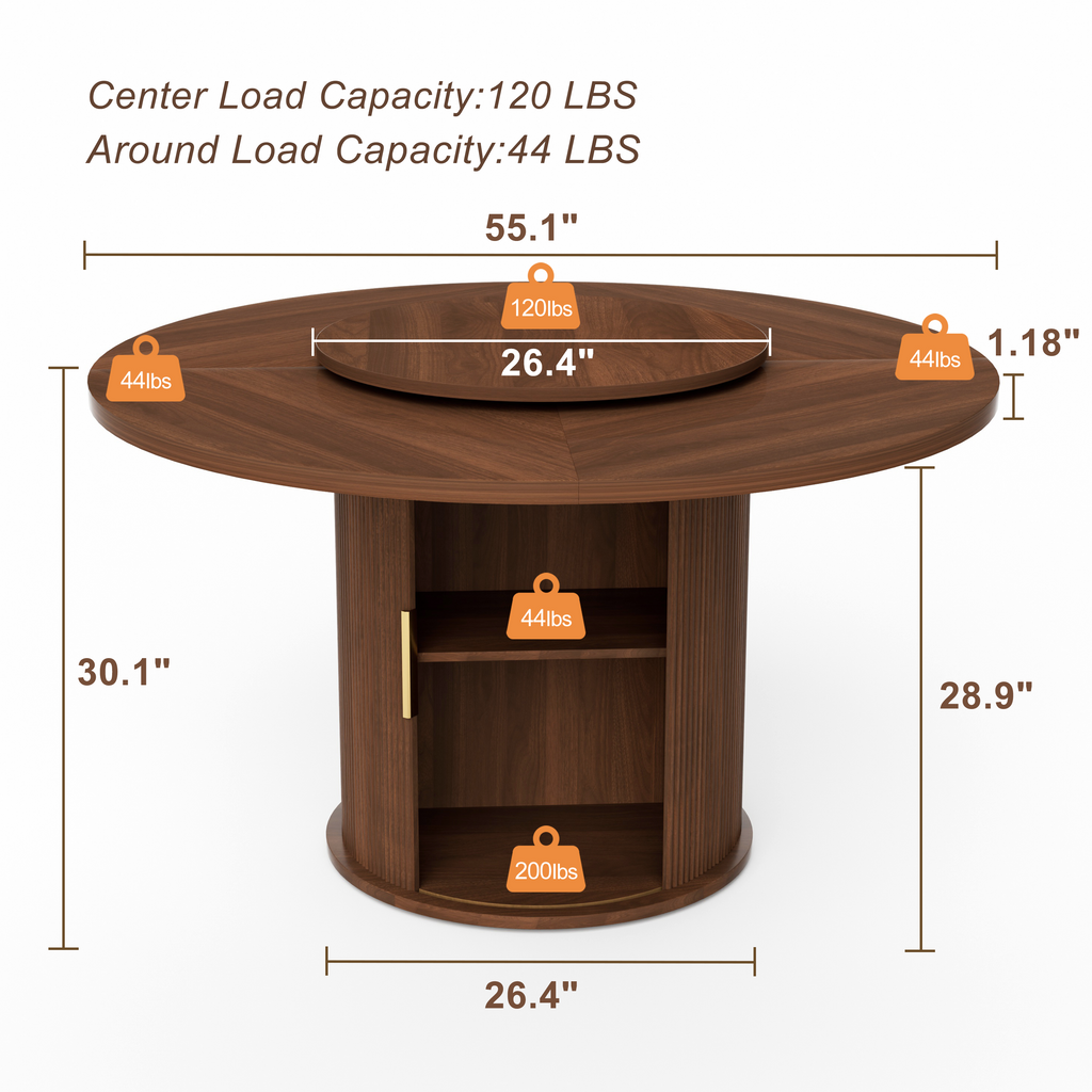 55-inch round dining table for six, featuring a double-tiered storage rack and a rotating tabletop tray. Wooden wavy-striped sliding doors. Ideal for home dining room living room (Walnut). - Grand Goldman Shop
