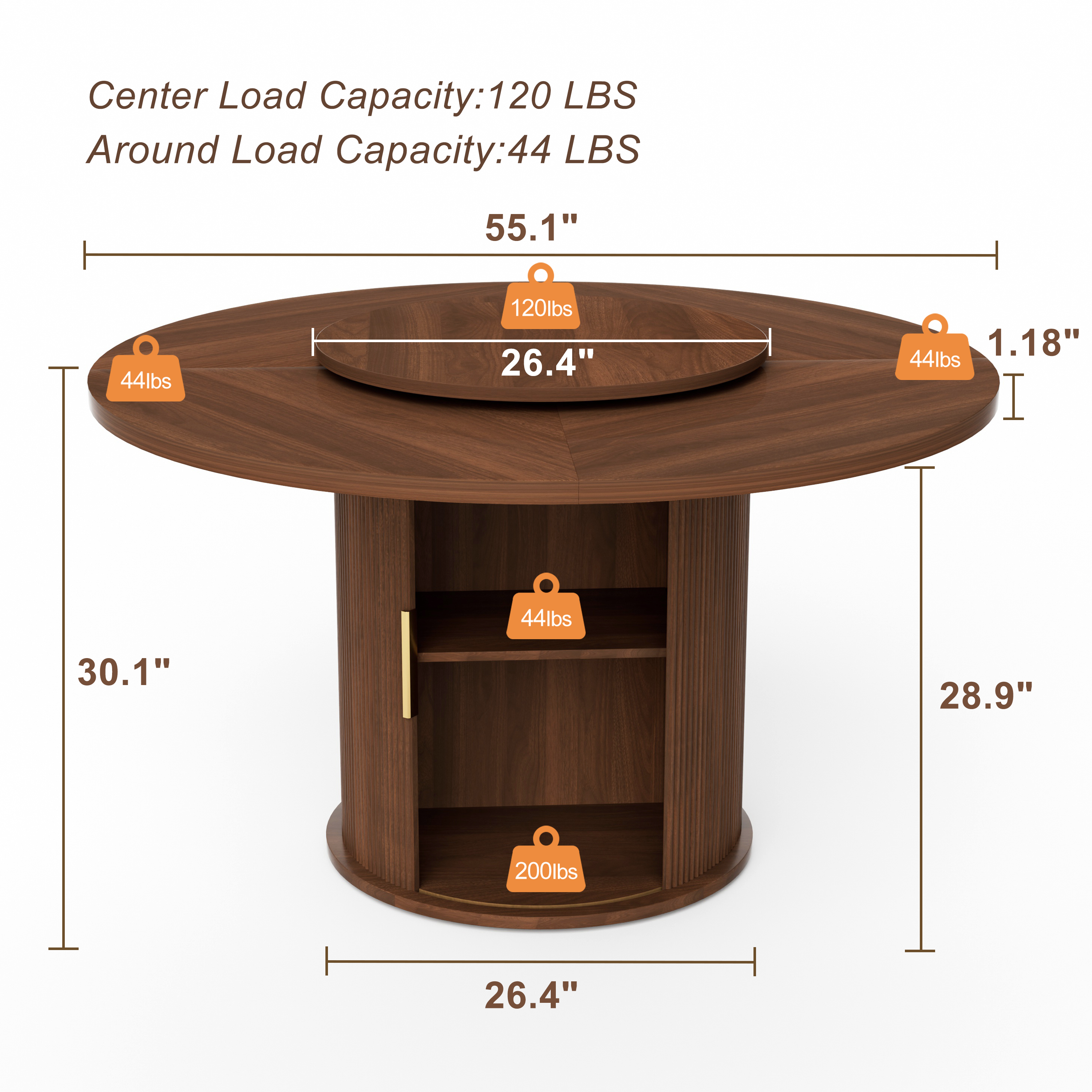 55-inch round dining table for six, featuring a double-tiered storage rack and a rotating tabletop tray. Wooden wavy-striped sliding doors. Ideal for home dining room living room (Walnut). - Grand Goldman Shop