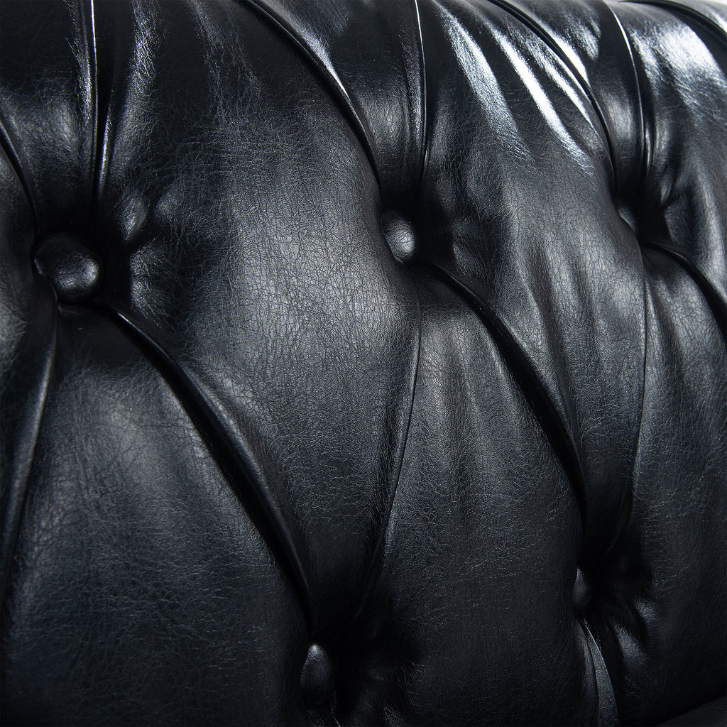 84.65' BLACK PU Rolled Arm Chesterfield Three Seater Sofa. - Grand Goldman Shop