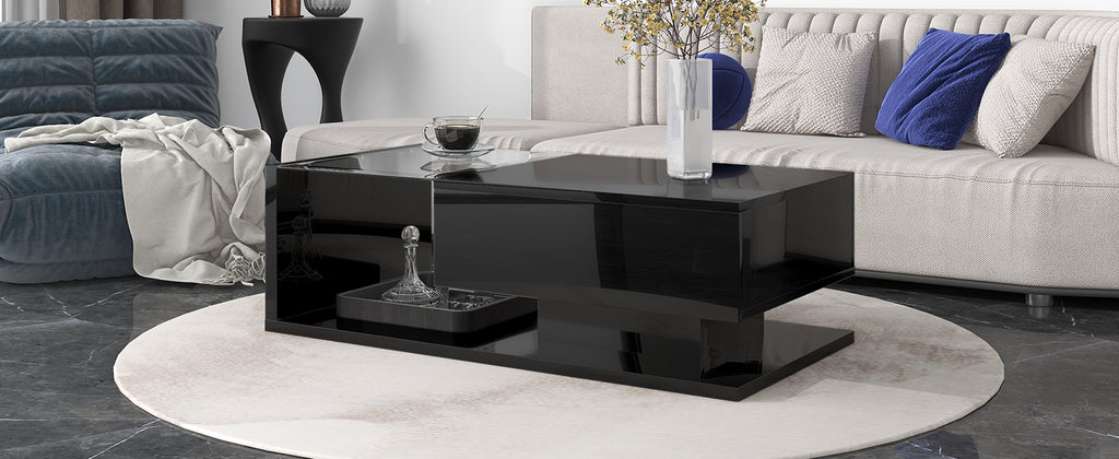 [VIDEO provided] ON-TREND Modern Coffee Table with Tempered Glass, Wooden Cocktail Table with High-gloss UV Surface, Modernist 2-Tier Rectangle Center Table for Living Room, Black - Grand Goldman Shop