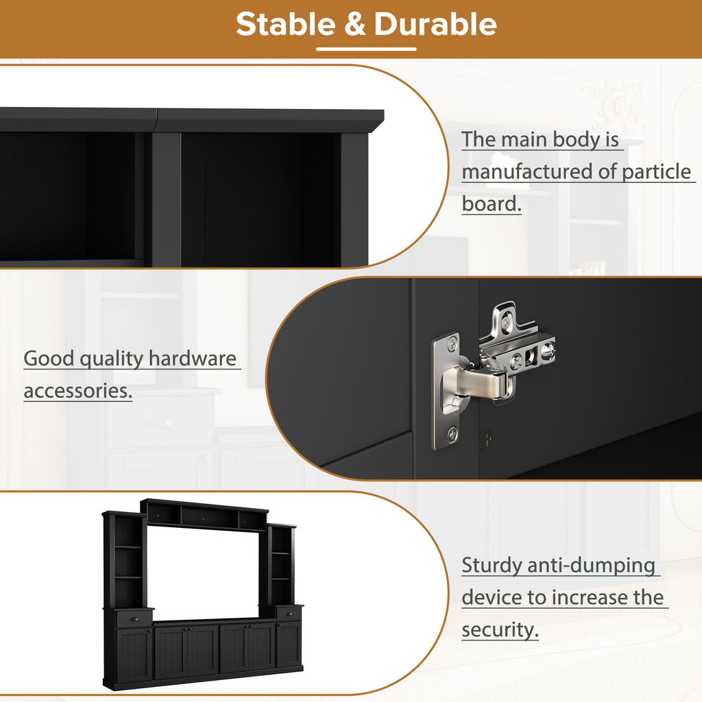 Minimalist Entertainment Wall Unit Set with Bridge for TVs Up to 75'', Ample Storage Space TV Stand with Adjustable Shelves, Modernist Large Media Console for Living Room, Black - Grand Goldman Shop