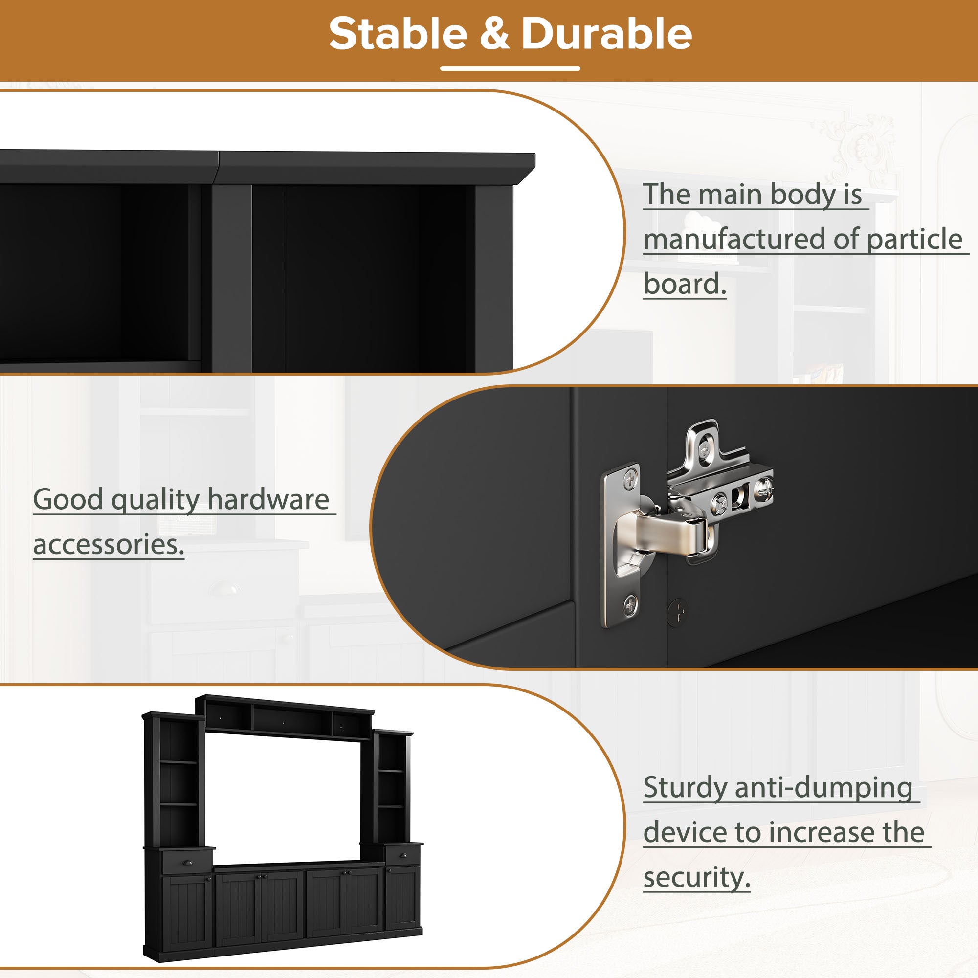 Minimalist Entertainment Wall Unit Set with Bridge for TVs Up to 75'', Ample Storage Space TV Stand with Adjustable Shelves, Modernist Large Media Console for Living Room, Black - Grand Goldman Shop