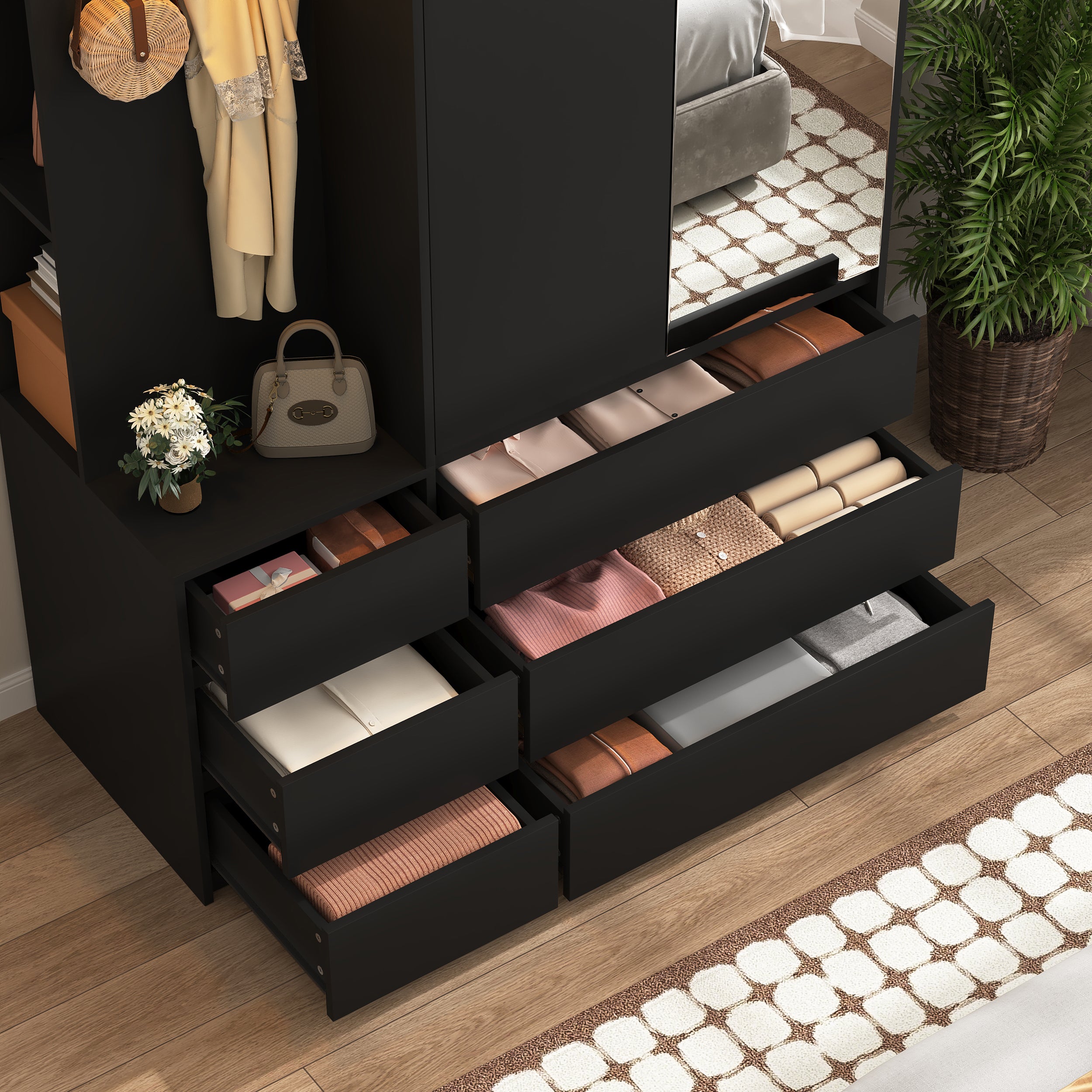 Wardrobe Closet 71.7' H, Bedroom Wooden Wardrobe with 2 Doors 6 Drawers, Modern Clothing Storage Cabinet Combination with Storage Shelves and Hanging Rail, Black - Grand Goldman Shop
