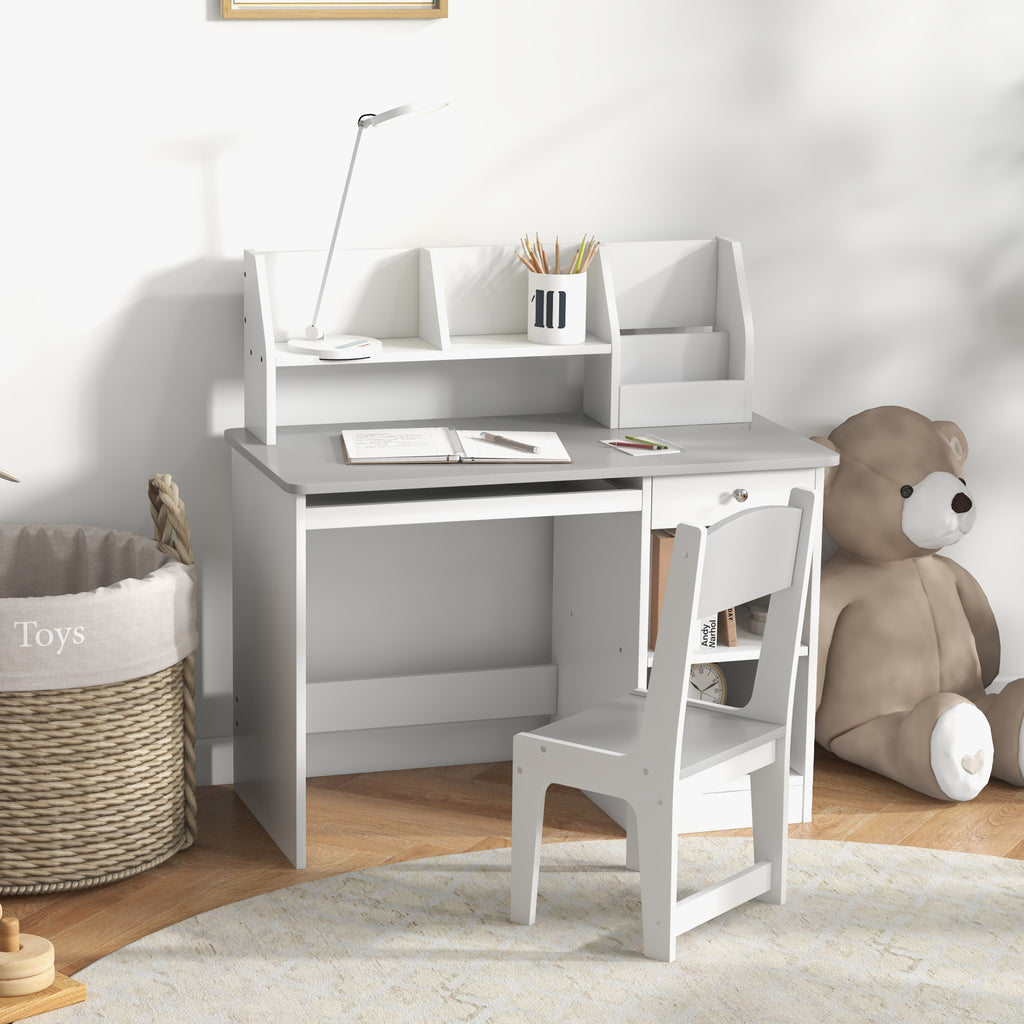 Qaba Kids Desk and Chair Set with Storage, Study Desk with Chair for Children 5-8 Years Old, Gray | Premium Home Decor - Gran