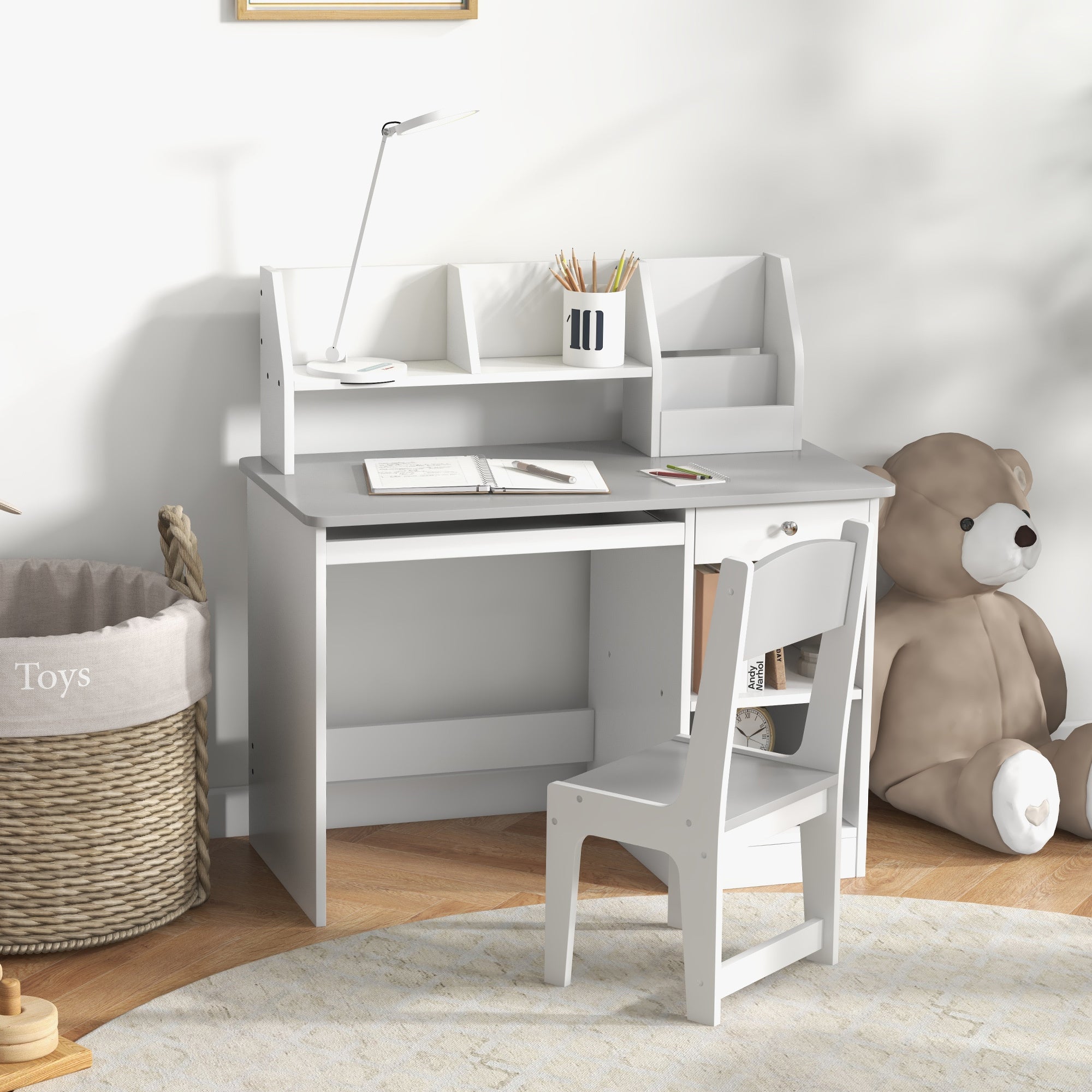 Qaba Kids Desk and Chair Set with Storage, Study Desk with Chair for Children 5-8 Years Old, Gray | Premium Home Decor - Gran