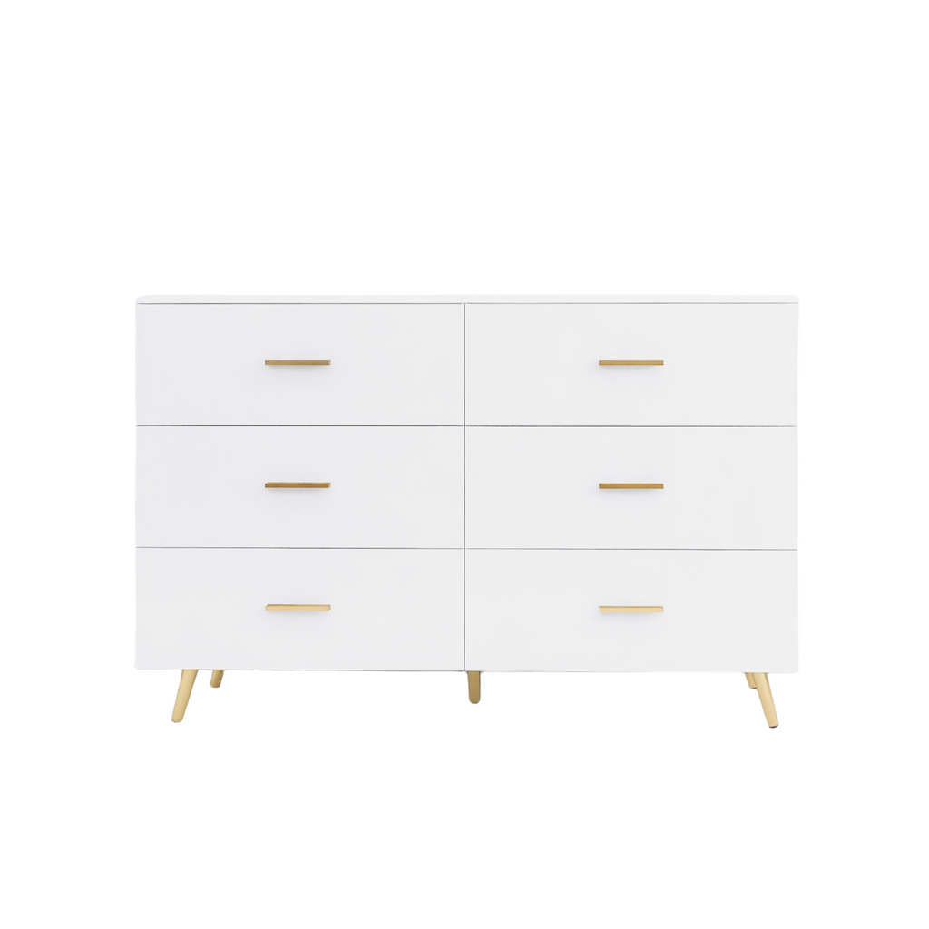 High Glossy Surface 6 Drawers Chest of Drawer with Golden Handle and Golden Steel Legs White Color Vanity - Grand Goldman Shop