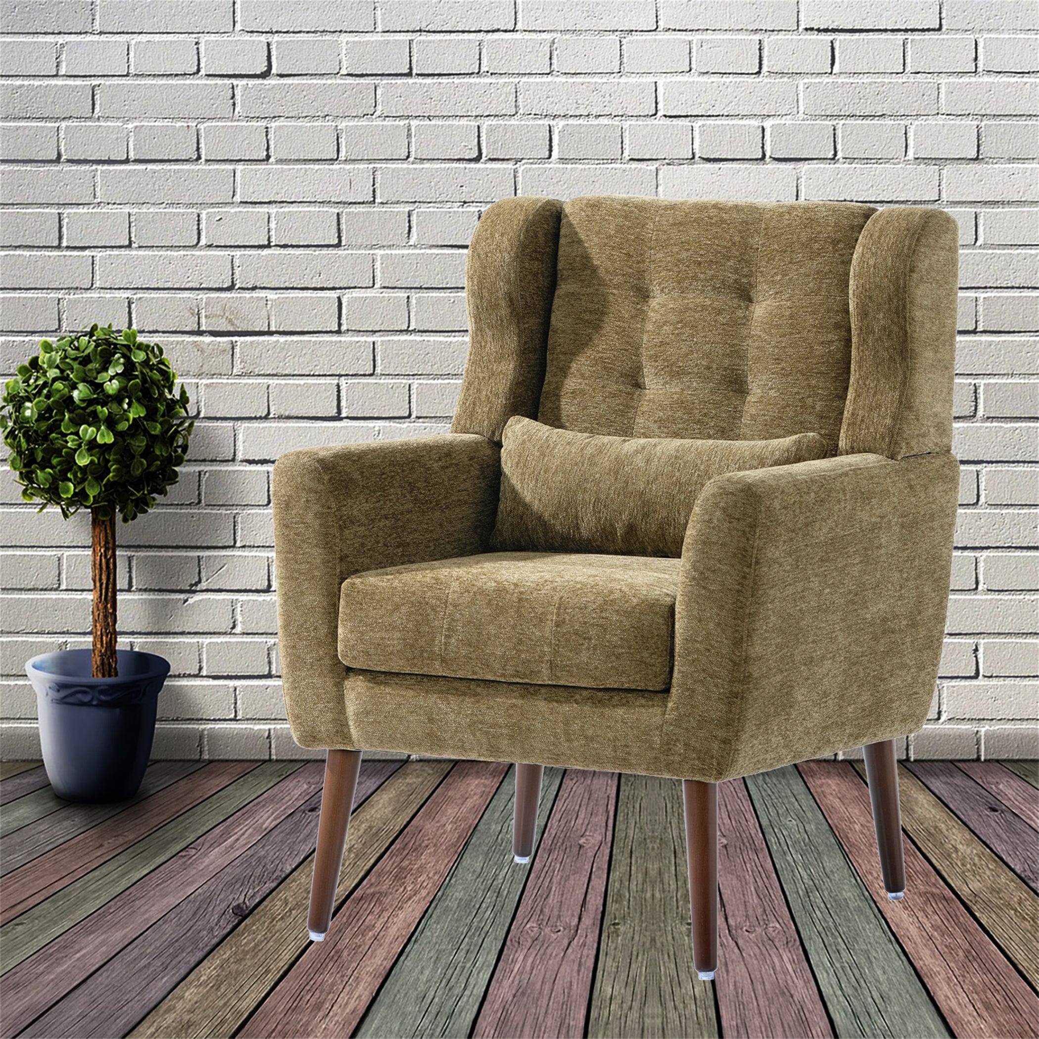 Modern Accent Chair, Chenille Arm Chairs for Living Room, Upholstered Modern Armchair, Comfy Soft Padded Lounge Chair in Small Space, Bedroom, w/Pillow, Solid Wood Leg, Olive Green - Grand Goldman Shop