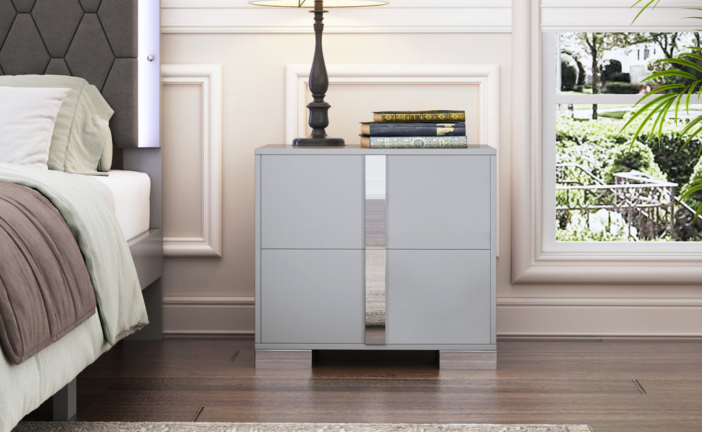 Elegant Nightstand with Metal Foot, Mirrored Bedside Table with 2 Drawers for Bedroom, Living Room, Gray (Old SKU: WF319353AAE) - Grand Goldman Shop