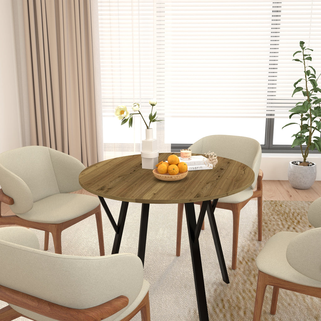 Modern Round Dining Table, Rustic Brown MDF Top with Black Metal Legs, 35.43 Inch Diameter for 2-4 People - Grand Goldman Shop