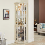 Corner Glass Cabinet Lighted Curio Cabinet Corner Display Case for Living Room, Curio Cabinet, Antique collection, Wine,Bar Glass Storage Light Included, Antique White - Grand Goldman Shop