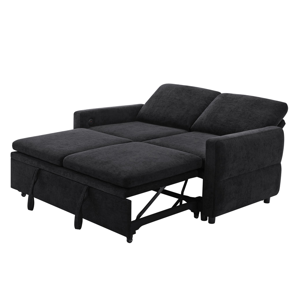 Black Convertible Sofa Bed Loveseat with Adjustable Backrest and USB Ports, 62.75' Chenille Upholstered Couch for Living Room or Small Space - Grand Goldman Shop