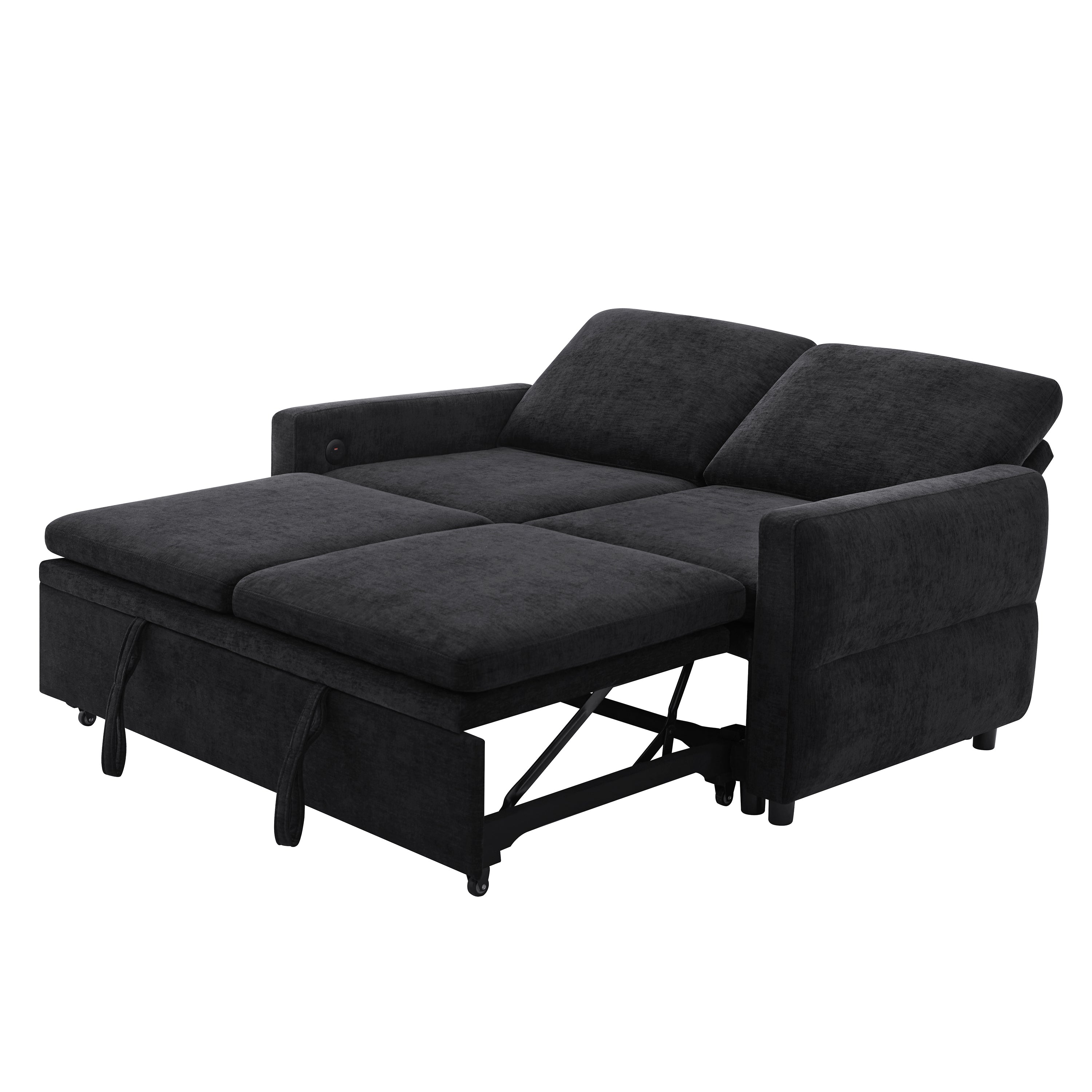 Black Convertible Sofa Bed Loveseat with Adjustable Backrest and USB Ports, 62.75' Chenille Upholstered Couch for Living Room or Small Space - Grand Goldman Shop