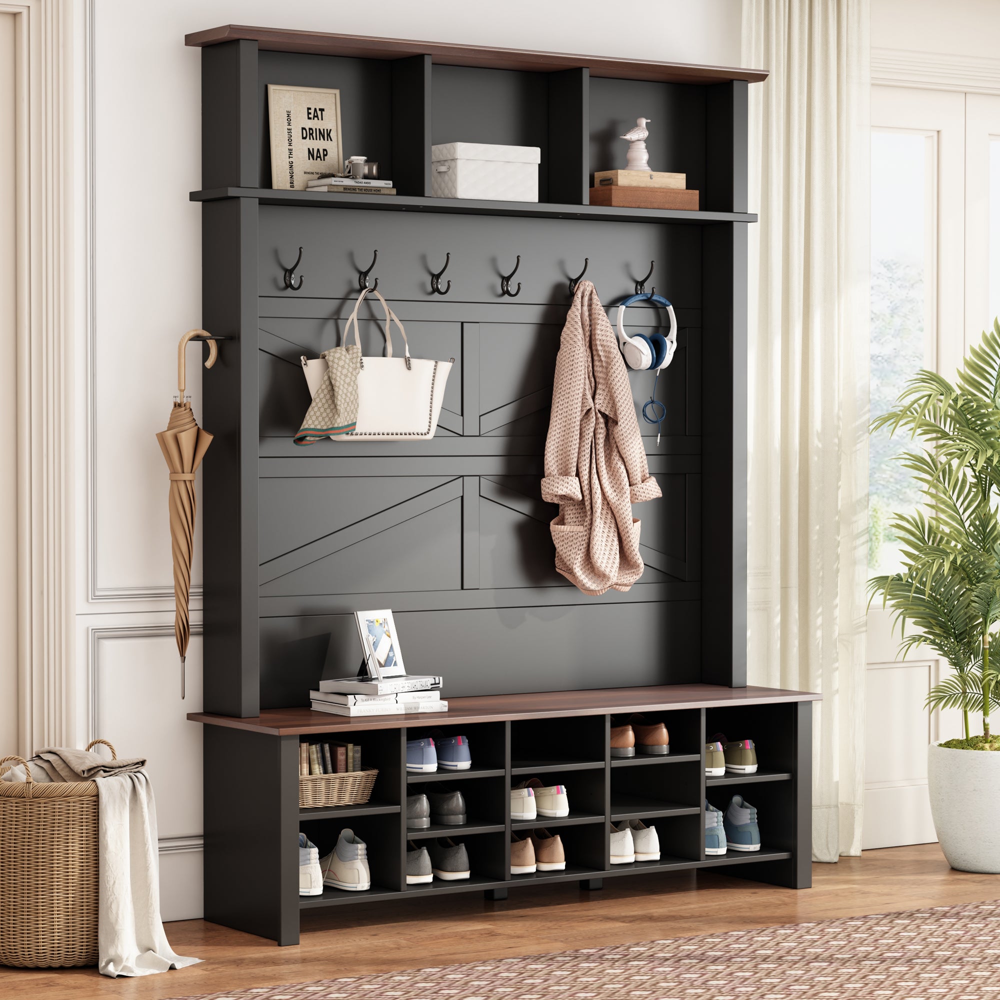 Farmhouse 4-in-1 Hall Tree with 6 Hooks, Practical Walnut Entryway Bench with Adjustable Shelves,  Wooden Shoe Organizer with 16 Compartments for Mudroom, Living Room, Black (OLD SKU: N721S000064B-1) - Grand Goldman Shop