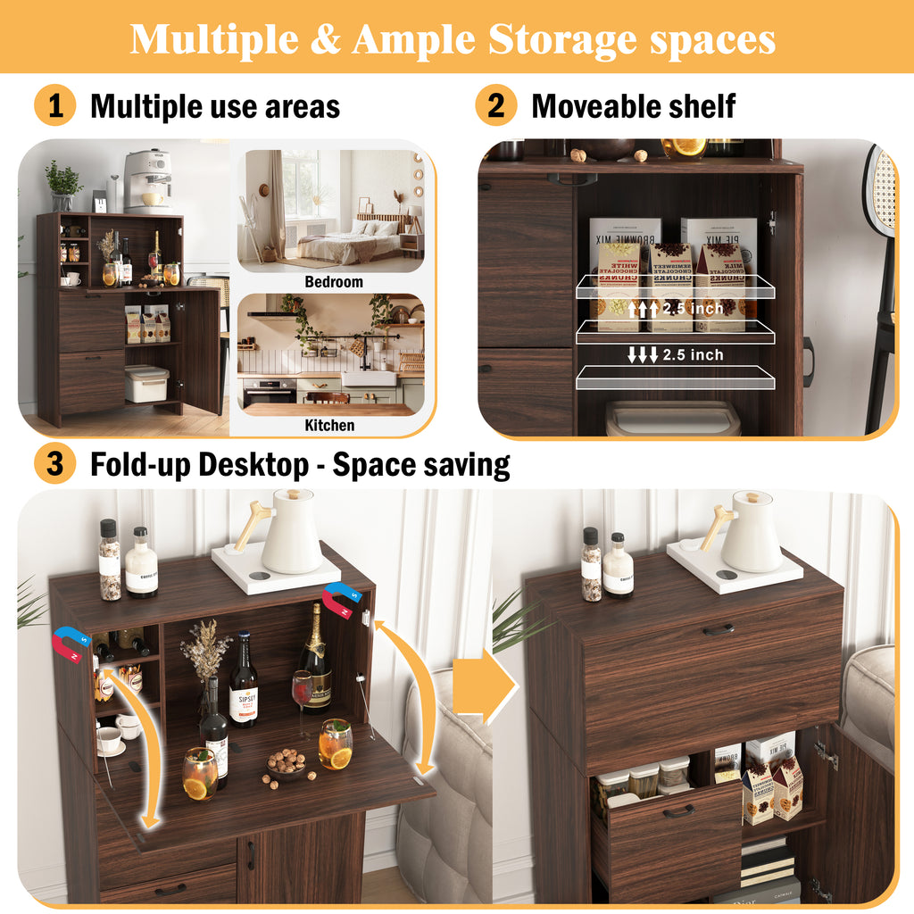 Desk Cabinet, with Storage Drawer & Shelves, Fold-up Desktop, Ideal for Home, Office, Kitchen storage organizer, Dormitory, Small Spaces W31.49'xD13.78'xH47.2' - Grand Goldman Shop