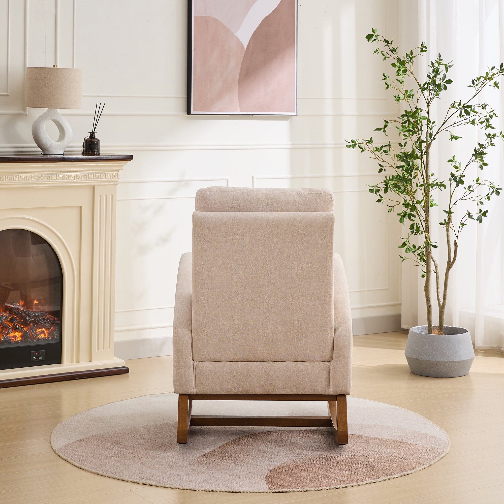 27.2'W Rocking Chair for Nursery, Polyester Glider Chair with High Back and Side Pocket, Rocking Accent Armchair with Rubber Wood Legs for Living Room/Bedroom.Beige - Grand Goldman Shop
