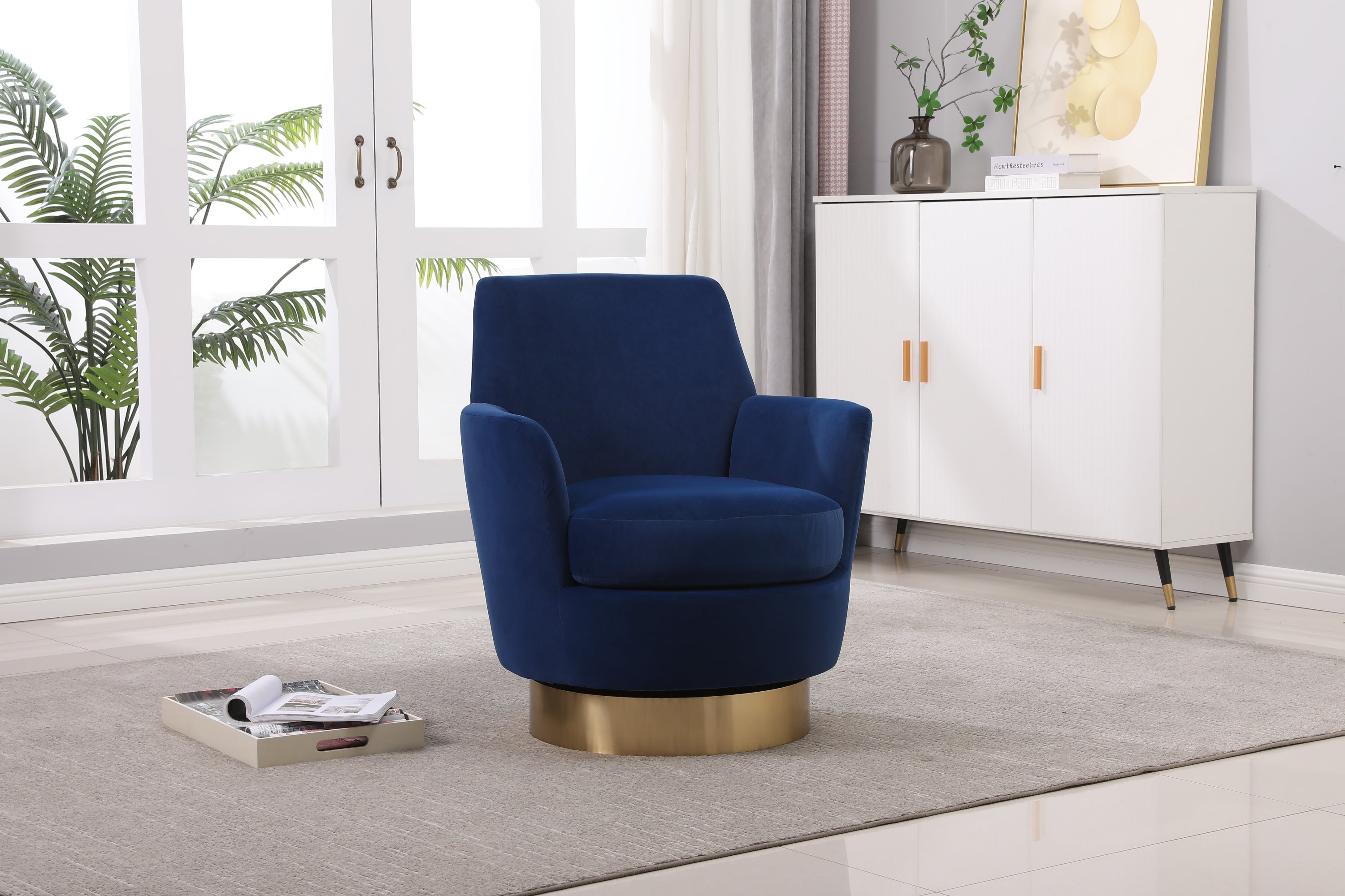 Velvet Swivel Barrel Chair, Swivel Accent Chairs Armchair for Living Room, Reading Chairs for Bedroom Comfy, Round Barrel Chairs with Gold Stainless Steel Base (Navy) - Grand Goldman Shop
