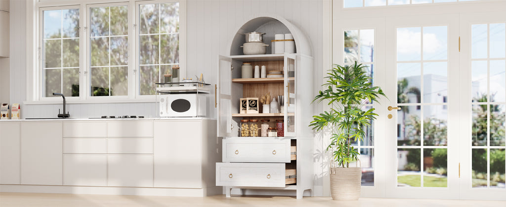 K&K 71' Tall Arched Kitchen Pantry Cabinet with 2 Large Drawers, Modern Farmhouse Kitchen Storage Cabinets with Adjustable Shelves, Glass Door, Wood Versatile Cupboard for Kitchens, Dining Room, White - Grand Goldman Shop