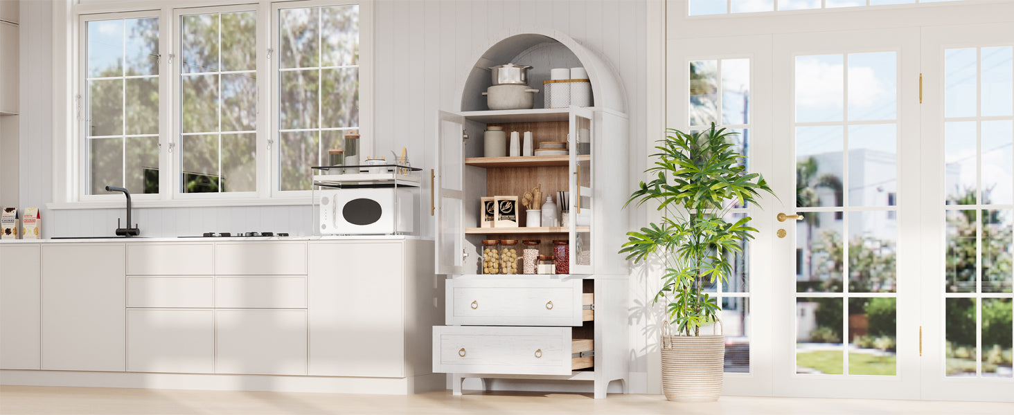 K&K 71' Tall Arched Kitchen Pantry Cabinet with 2 Large Drawers, Modern Farmhouse Kitchen Storage Cabinets with Adjustable Shelves, Glass Door, Wood Versatile Cupboard for Kitchens, Dining Room, White - Grand Goldman Shop