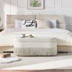 Oval Upholstered Storage Ottoman with Fringe Trim & Lift-Top Lid - 39'L x 16'W x 17'H, Multi-Functional Footrest & Hidden Storage for Living Room or Bedroom - Beige Fabric with Metal Frame - Grand Goldman Shop