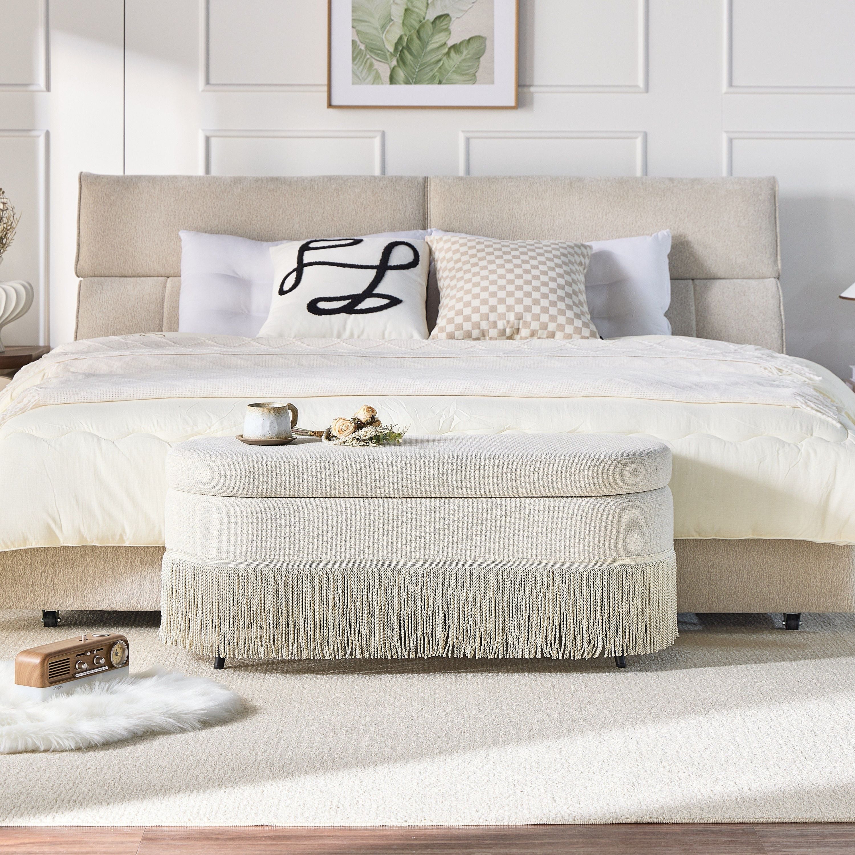 Oval Upholstered Storage Ottoman with Fringe Trim & Lift-Top Lid - 39'L x 16'W x 17'H, Multi-Functional Footrest & Hidden Storage for Living Room or Bedroom - Beige Fabric with Metal Frame - Grand Goldman Shop