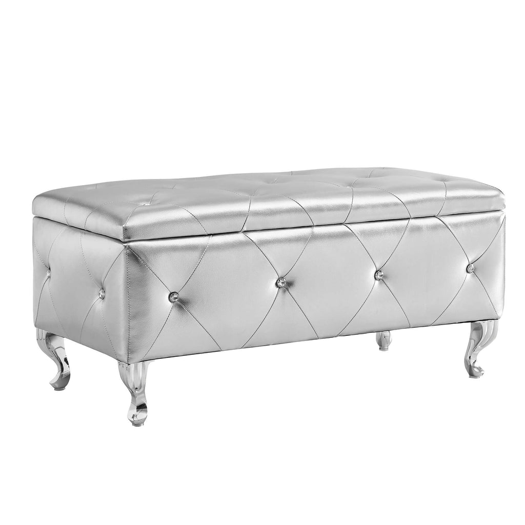 Upholstered Storage Ottoman Bench For Bedroom End Of Bed Faux Leather Rectangular Storage Benches Footrest With Crystal Buttons For Living Room Entryway (Silver) - Grand Goldman Shop