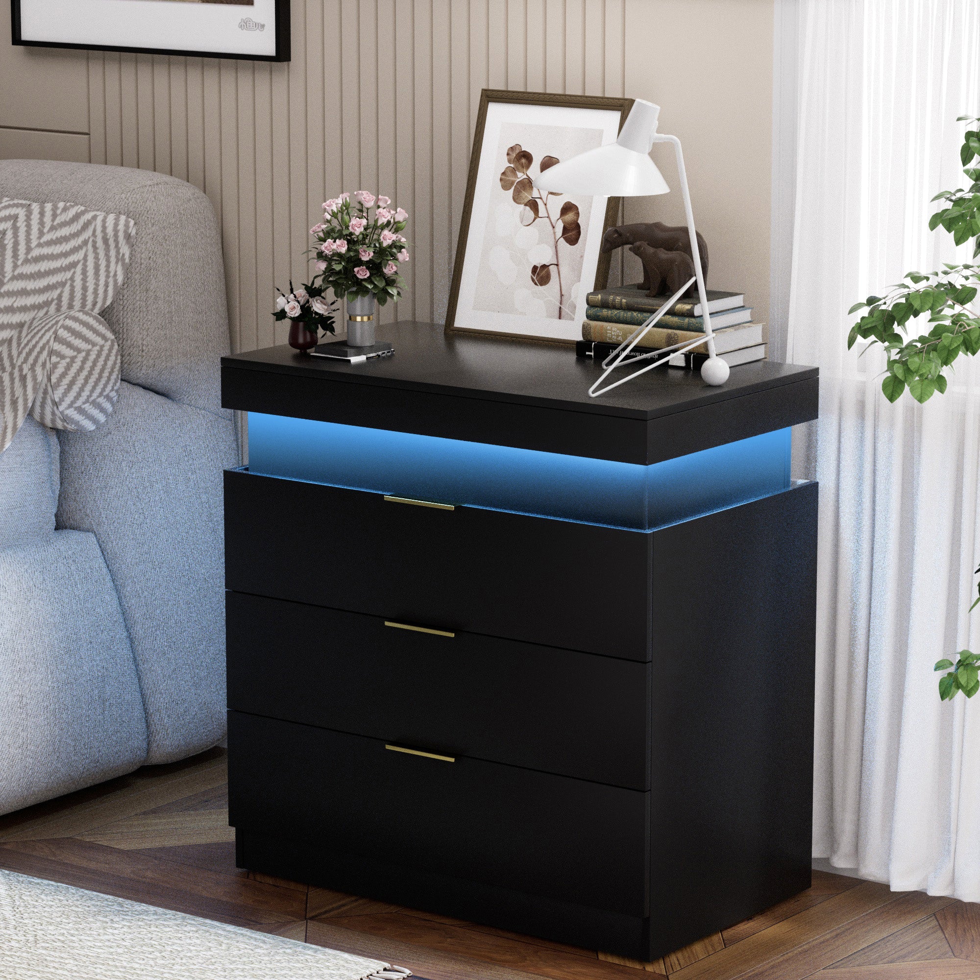 Nightstand with Charging Station and LED Lights,Night Stand with Sliding Top for Bedroom,Bedside Table with Drawers,Modern End Side Table,Black.28.8''W x 17''D x 30.5''H. - Grand Goldman Shop
