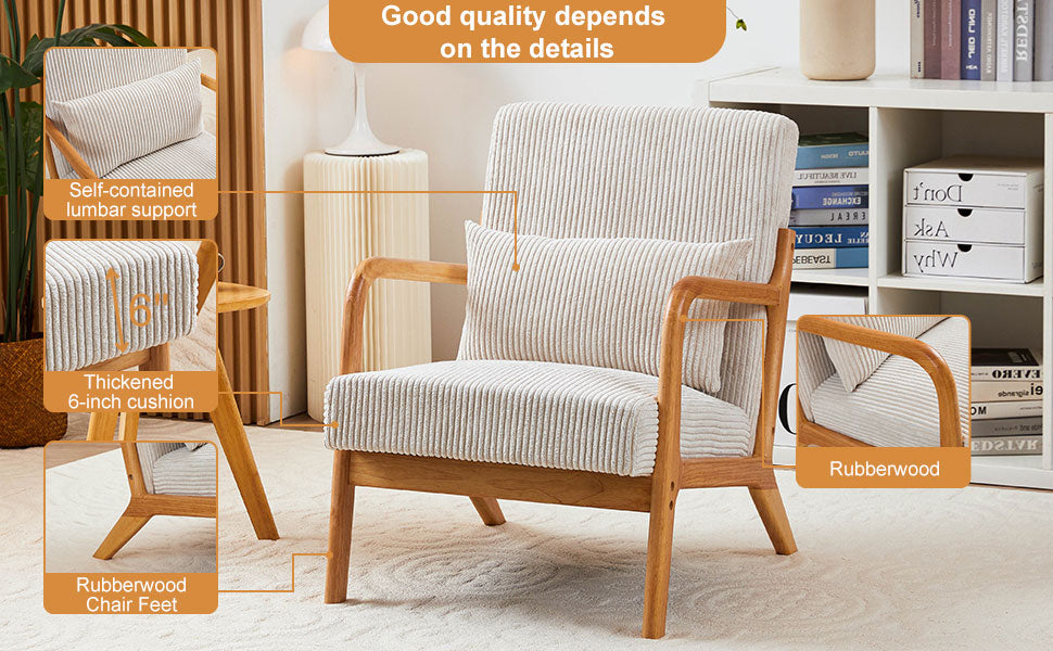 Mid-Century Modern Accent Chair with Pillow Upholstered Arm Chair in Beige Polyester and Solid Wood Frame (beige) - Grand Goldman Shop