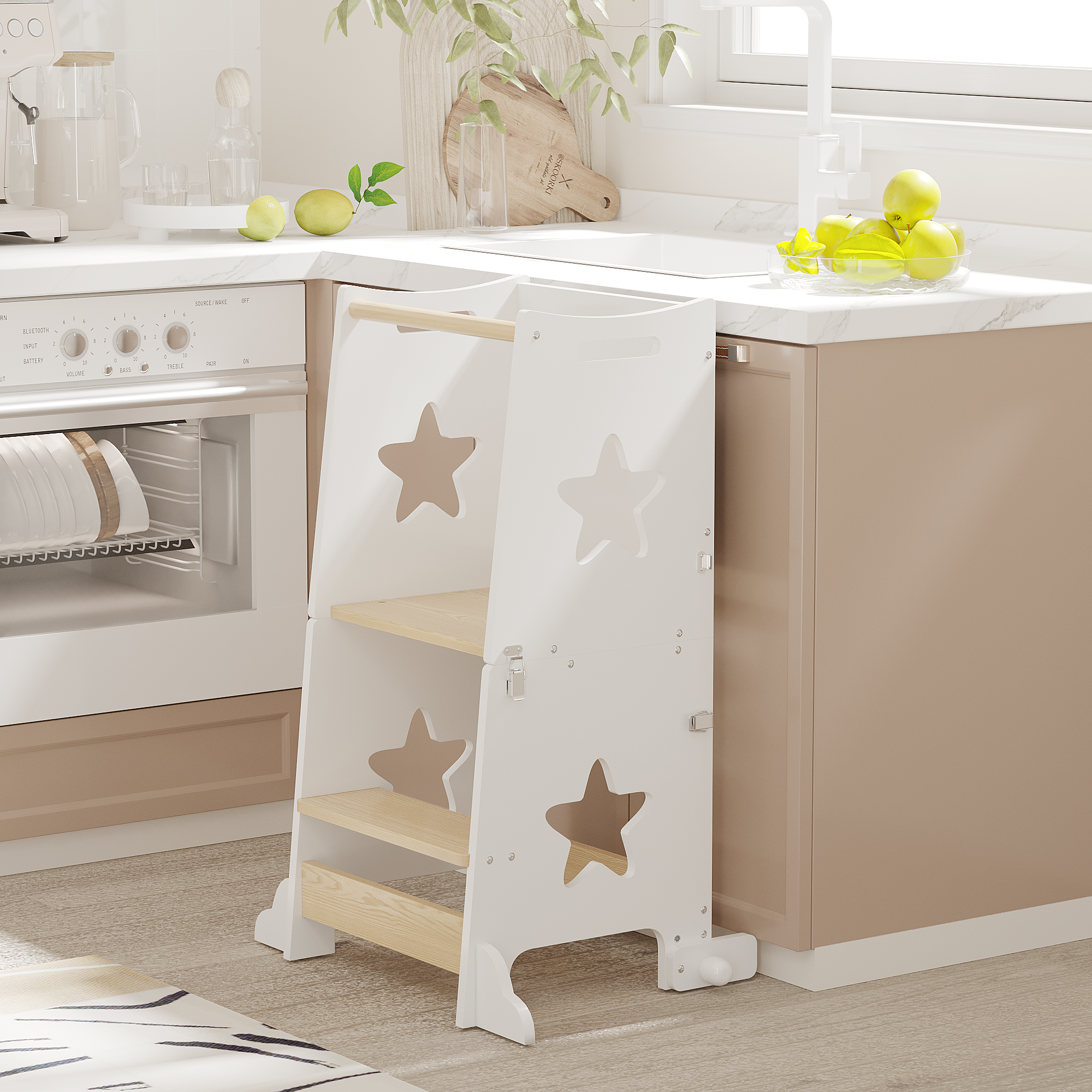 Stylish 3-in-1 Toddler Kitchen Step Stool, Foldable Learning Standing Tower with Blackboard, Wooden Kitchen Stool Helper for 