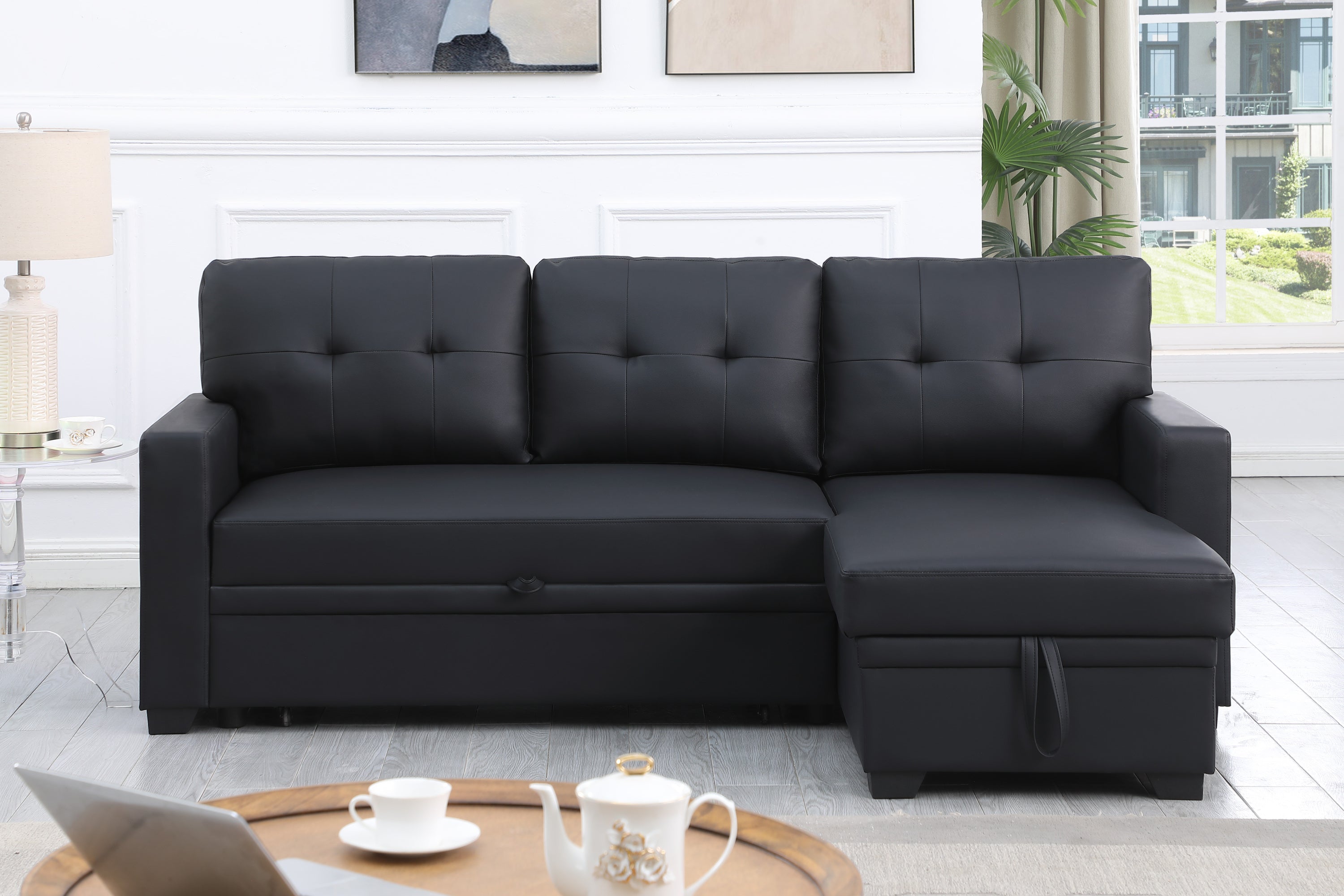 Upholstered Pull out Sectional Sofa with Chaise - Grand Goldman Shop